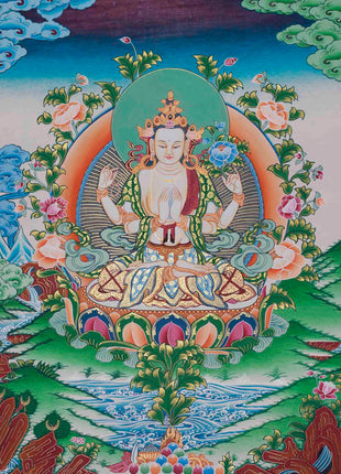 Original Hand-Painted Four Armed Chenrezig Thangka