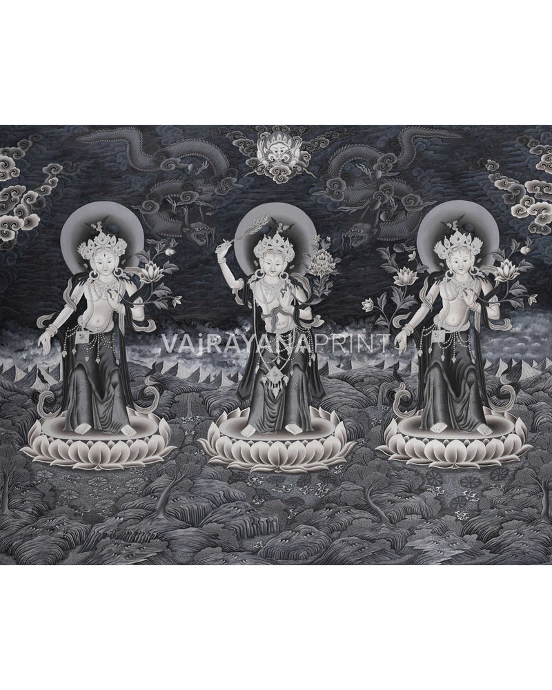 White Tara, Manjushri and Green Tara Standing Thangka Print