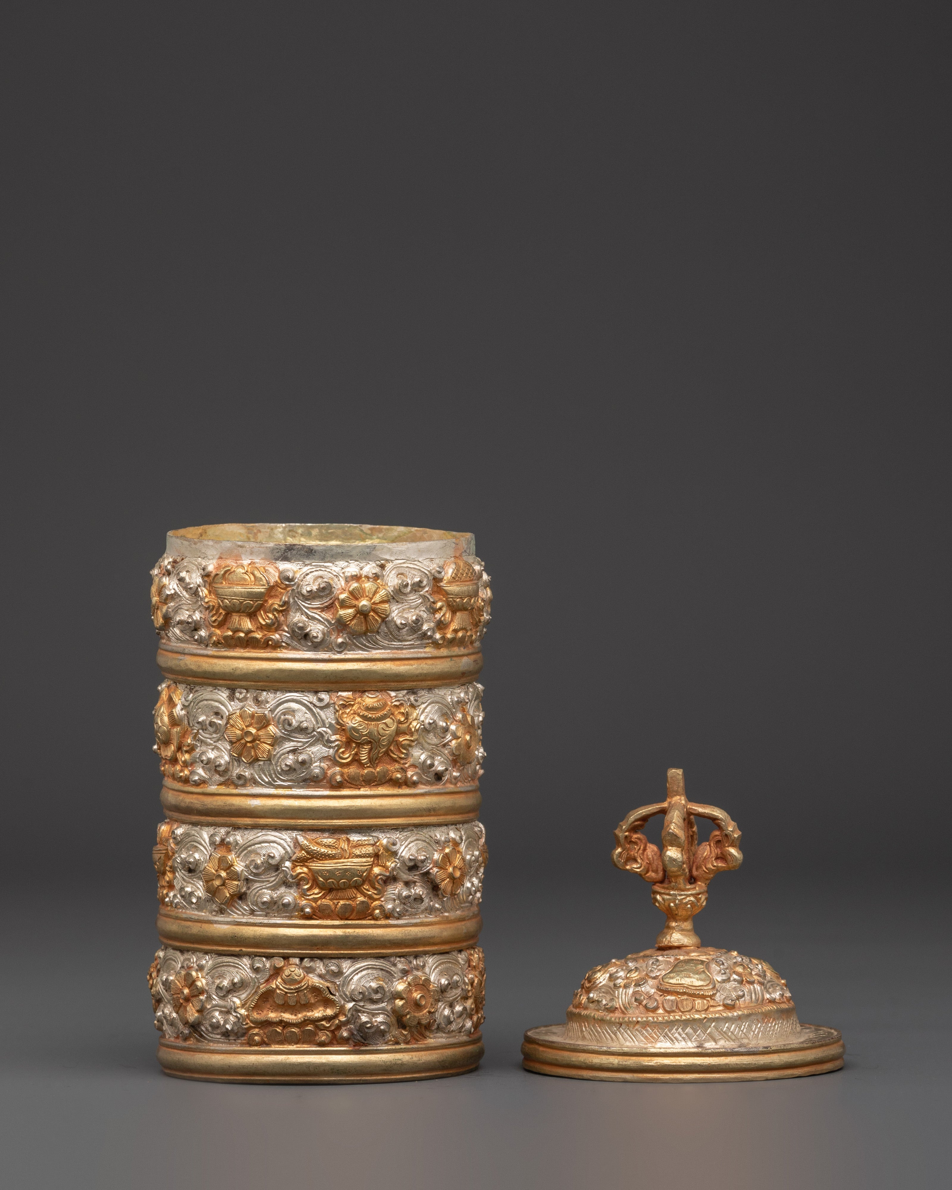 Ethnic Tibetan Rice Pot | Copper and Silver Plated Ritual Decorative Vessel