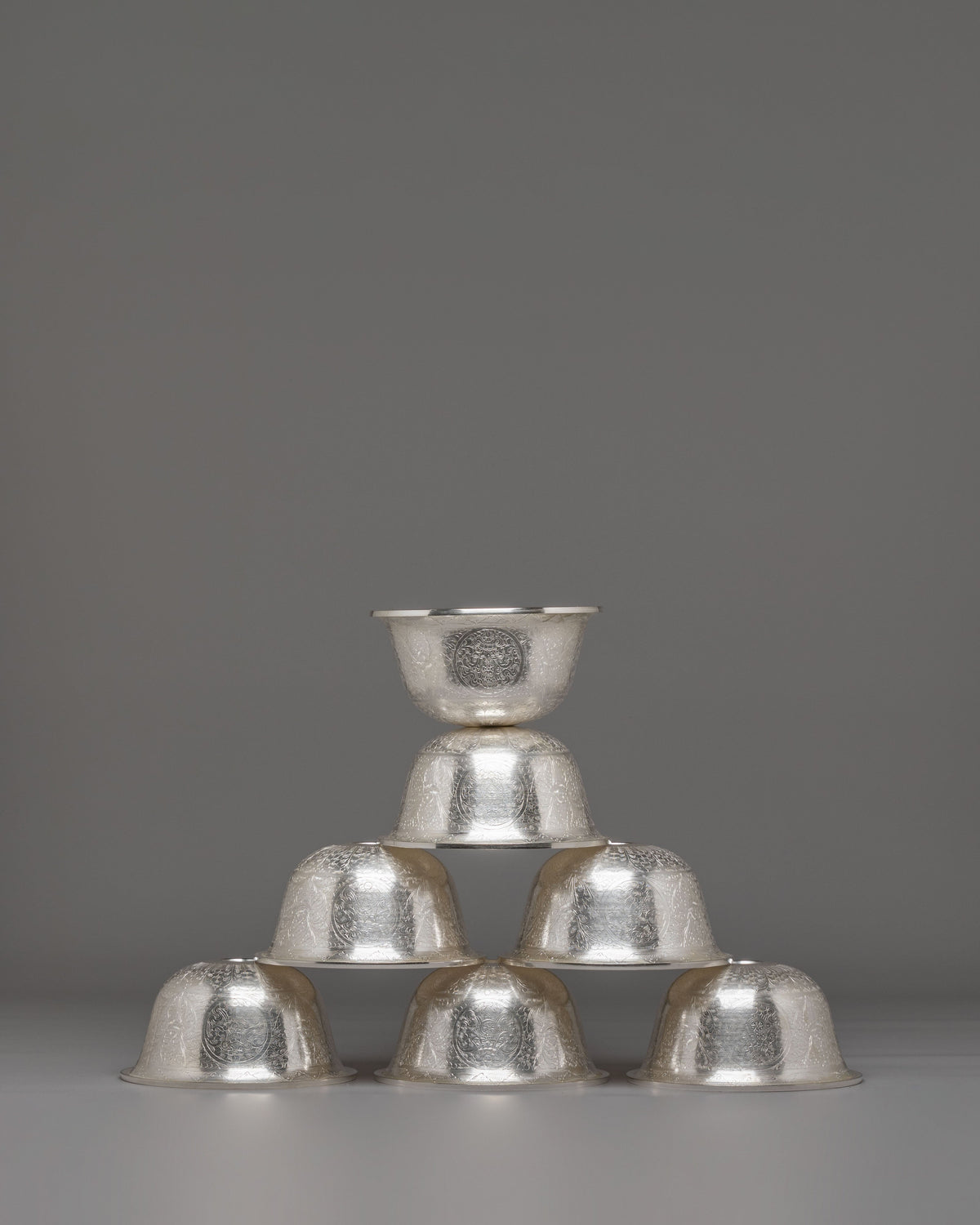 Himalayan Ritual Offering Bowl Set | White Metal Buddhist Altar Bowls