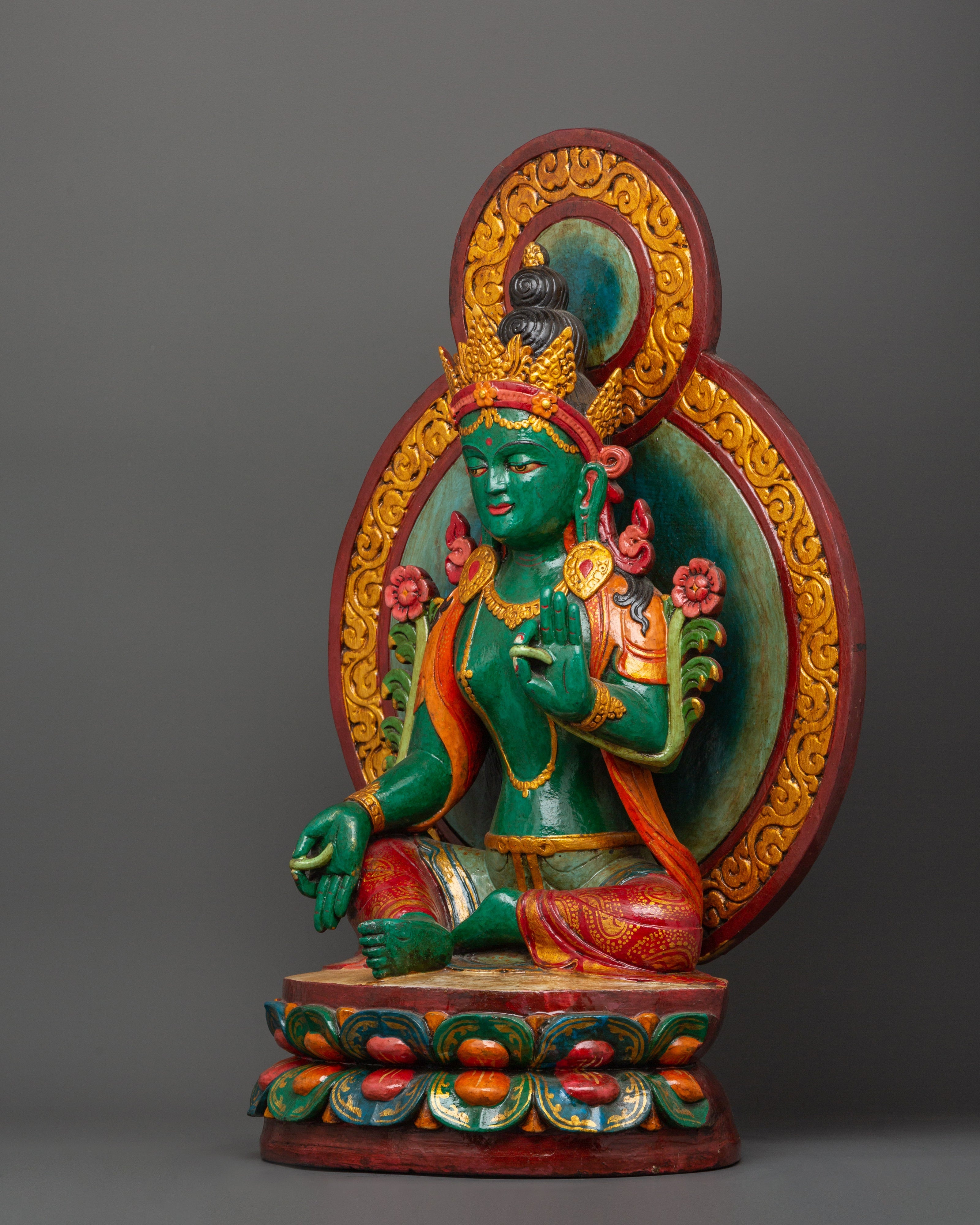 Green Tara Wooden Statue | Symbol of Compassion & Protection