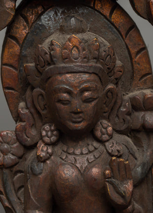 Handcrafted Green Tara In Throne Statue | Wooden Artwork