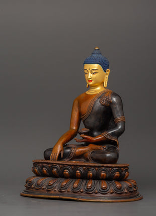 Shakyamuni Buddha Tibetan Altar Decor Statue | Oxidized Copper Body with Gold Plating