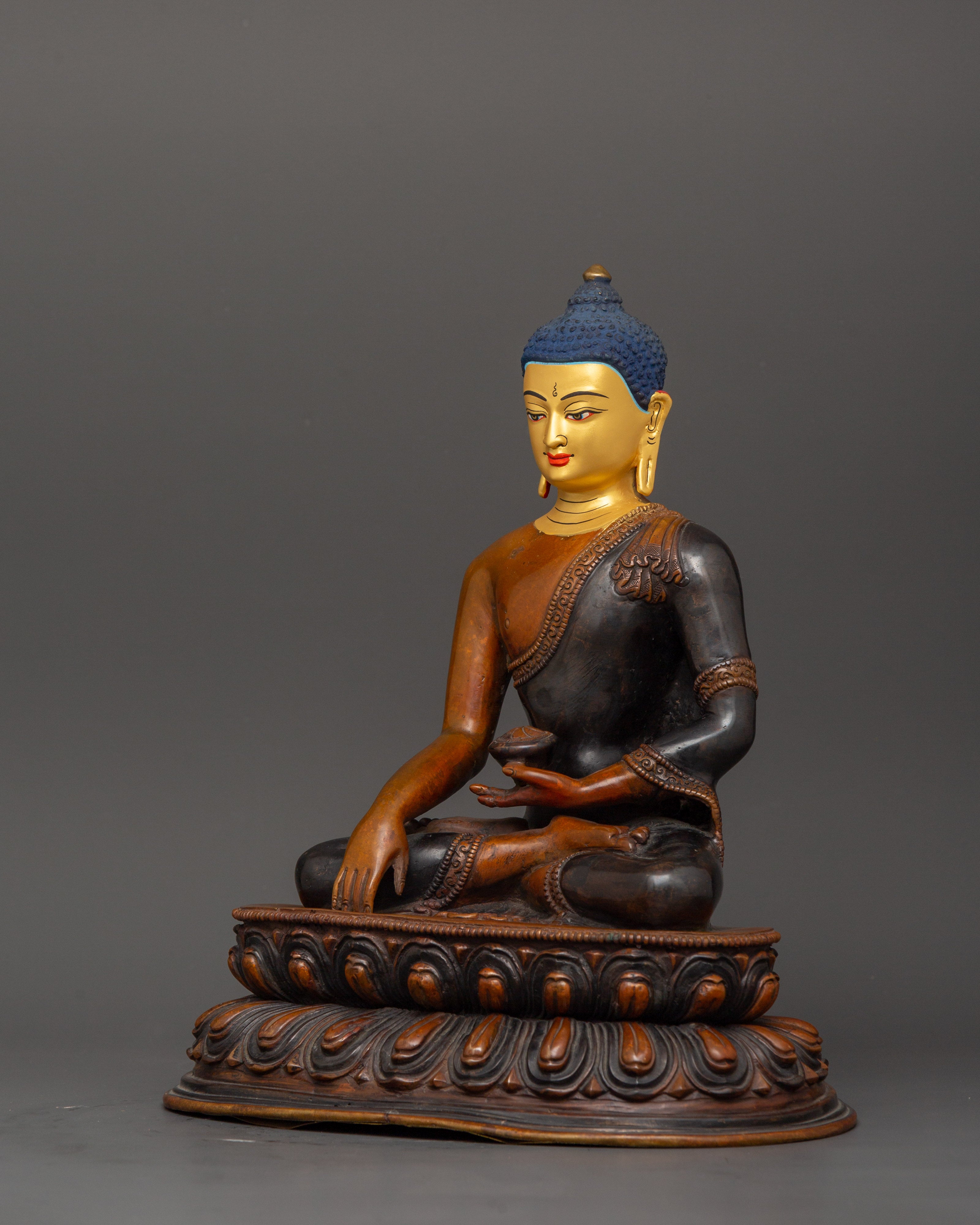 Shakyamuni Buddha Tibetan Altar Decor Statue | Oxidized Copper Body with Gold Plating