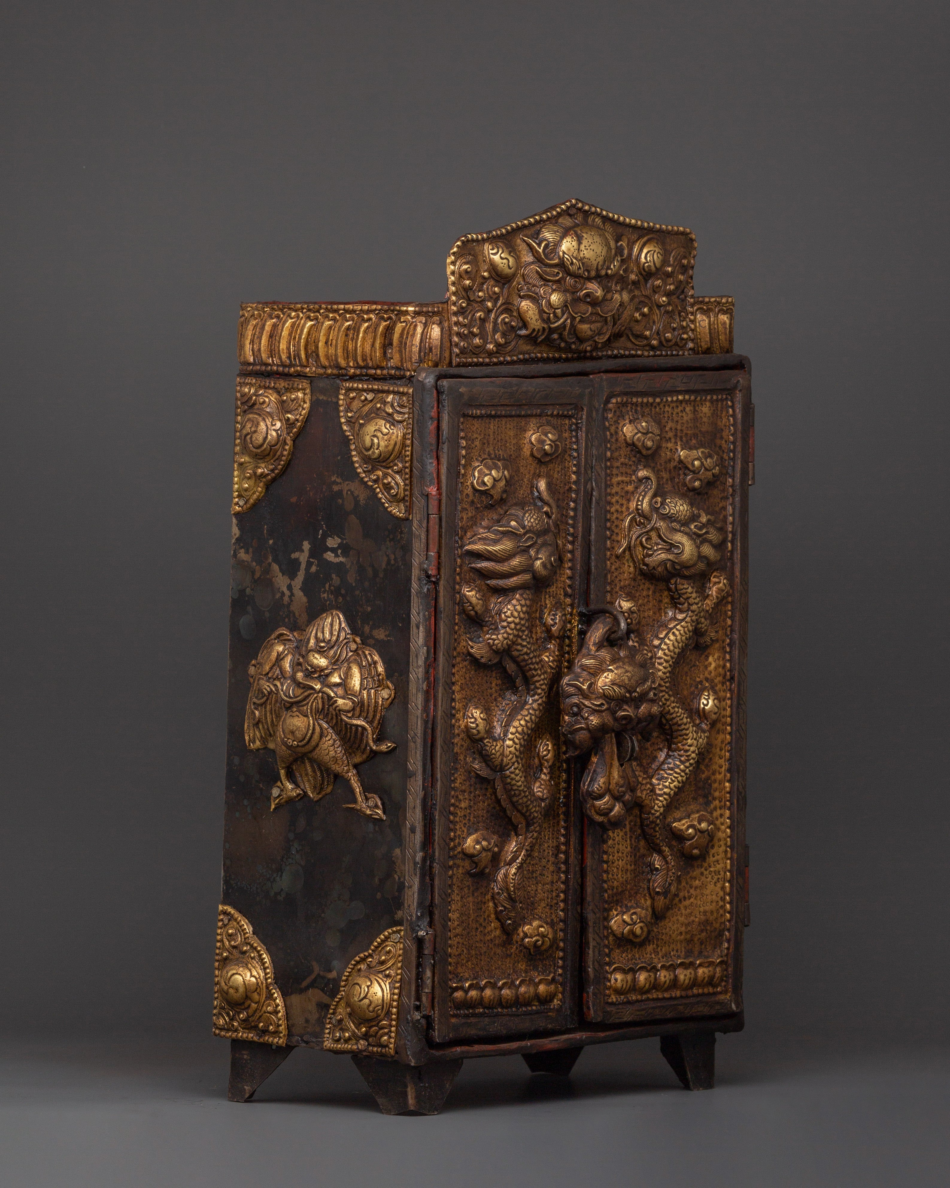 Large Tibetan Ghau Box | Brass & Iron Buddhist Altar Shrine