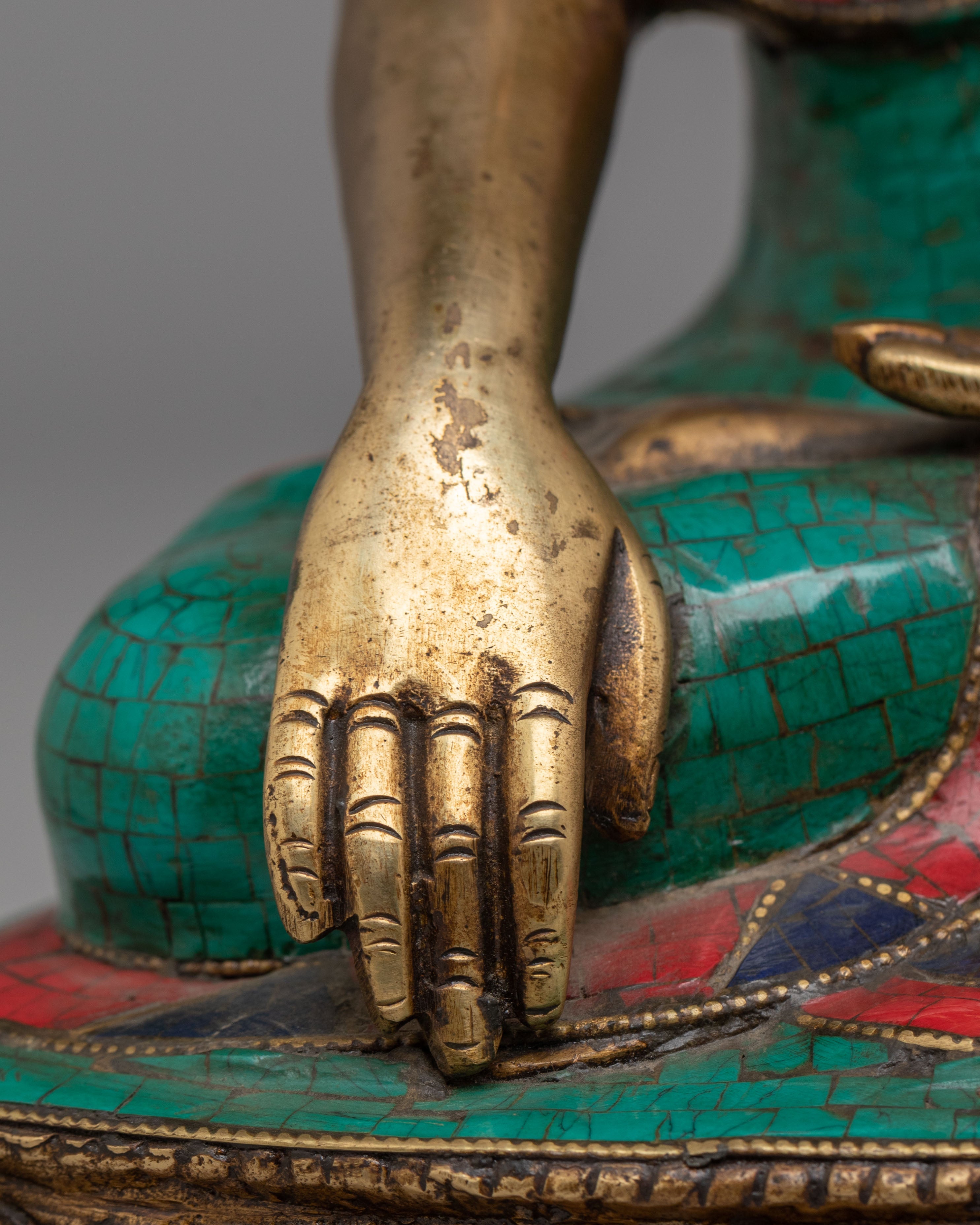 Scared Shakyamuni Buddha Statue | Handcrafted Brass Statue with Gemstones