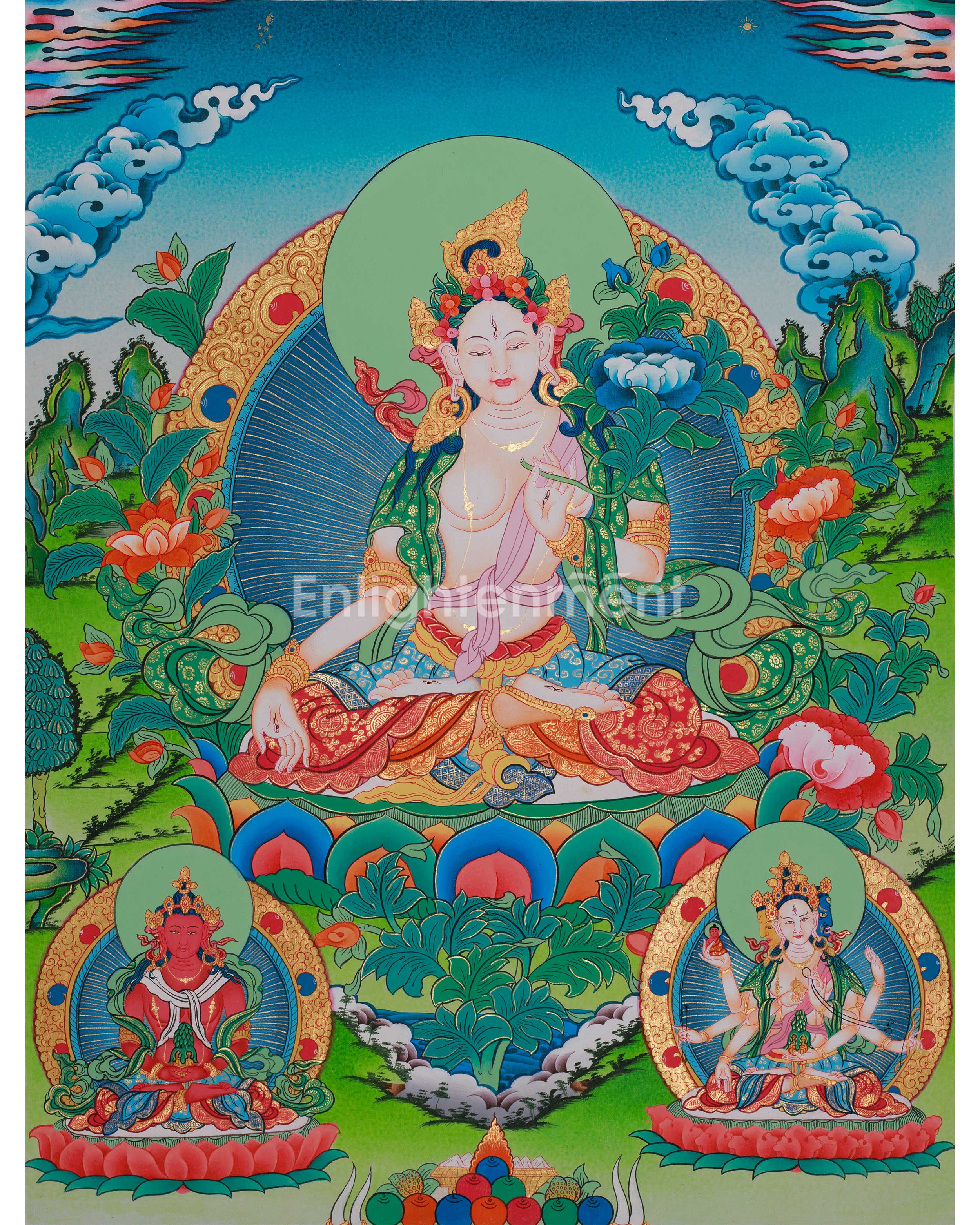 Goddess White Tara with Amitayus Buddha and Namgyalma | Bodhisattva of Longevity