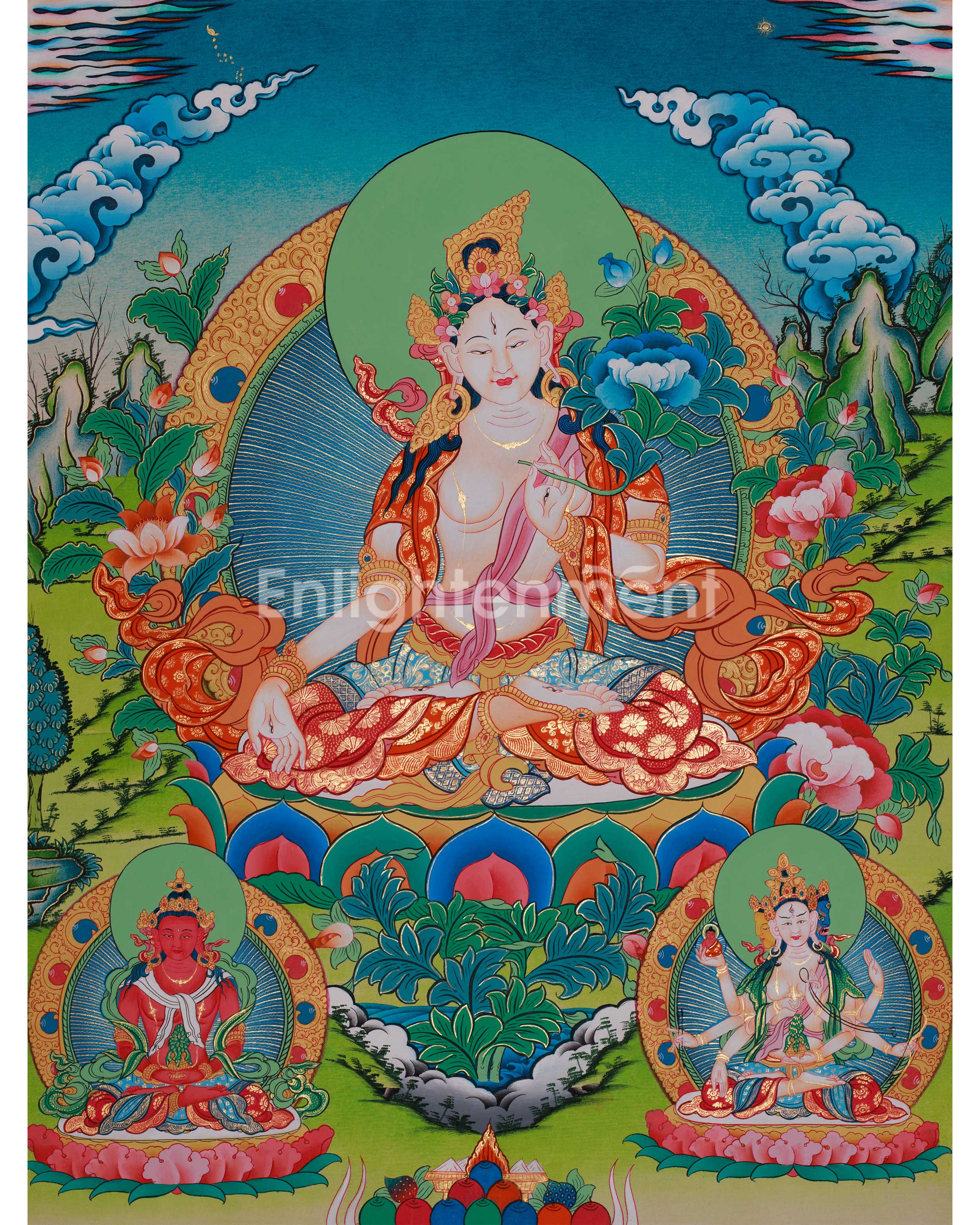 Goddess White Tara with Amitayus Buddha and Namgyalma | Bodhisattva of Longevity