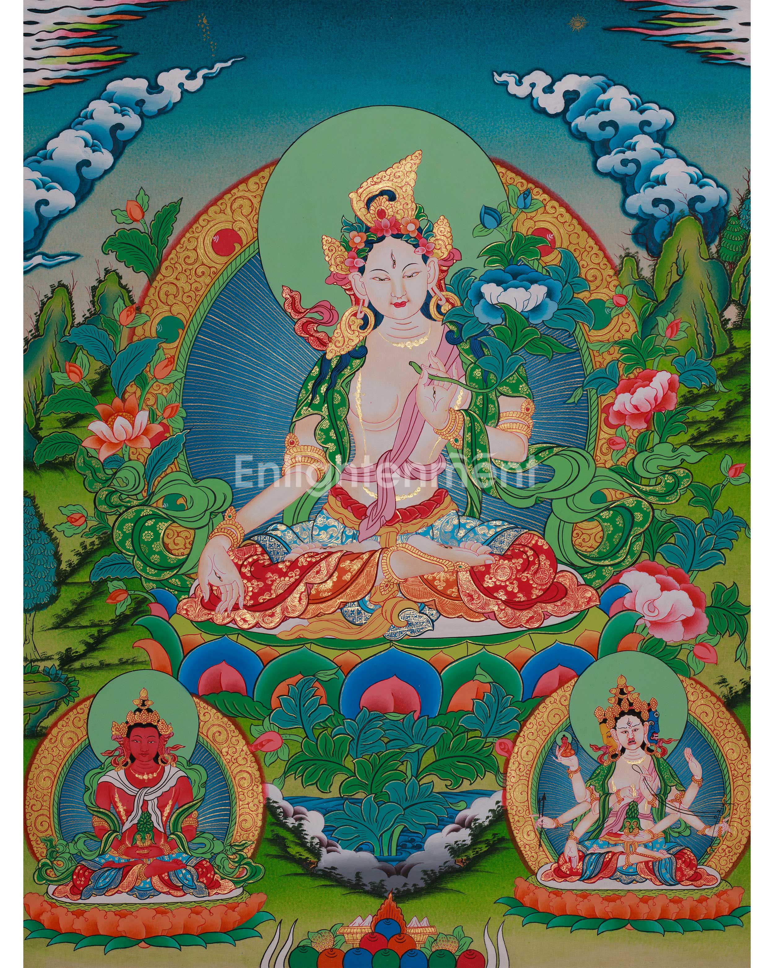 Goddess White Tara with Amitayus Buddha and Namgyalma | Bodhisattva of Longevity