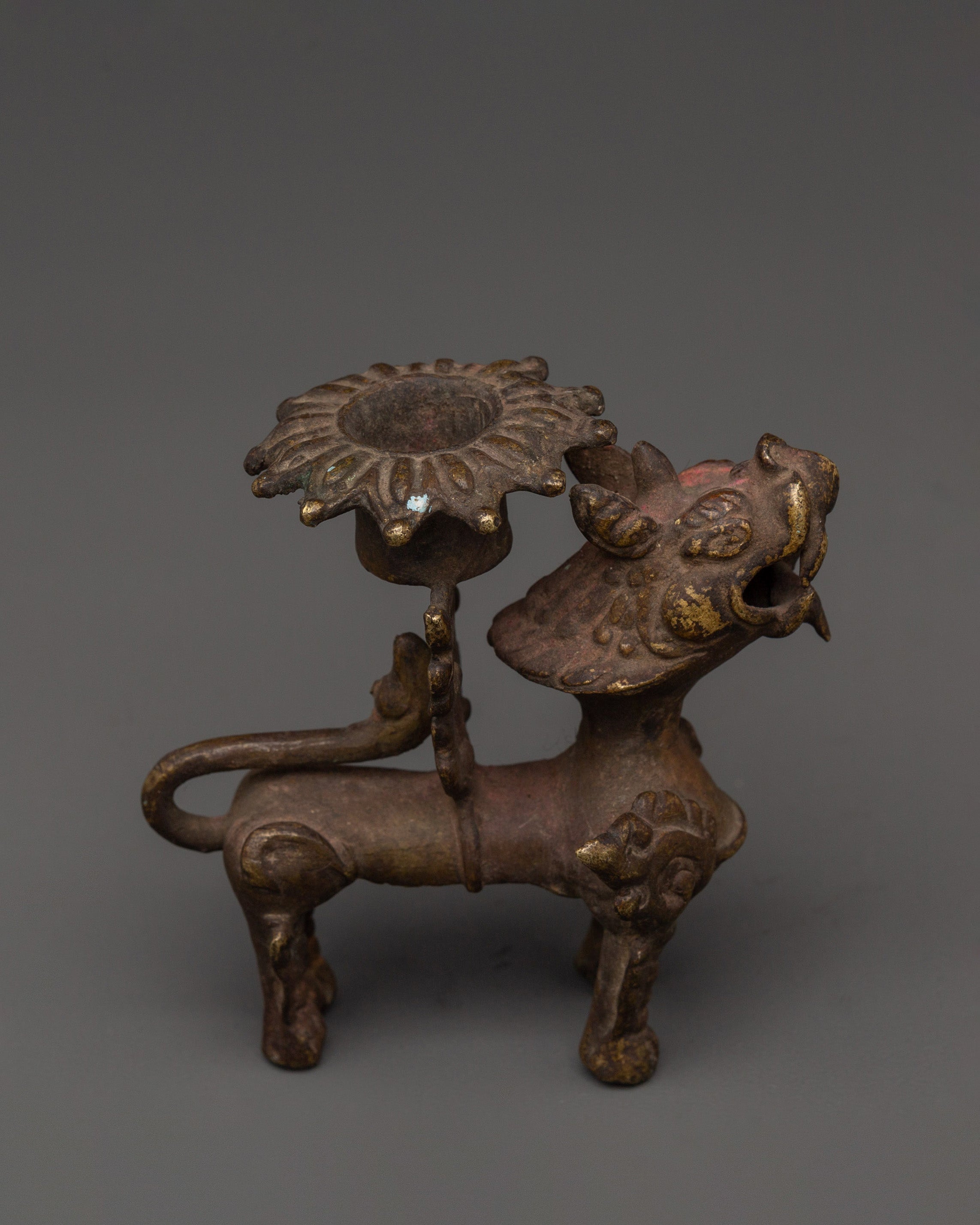 Bronze Lion Candle Holder for Hindu Rituals | Handcrafted Oil Lamp