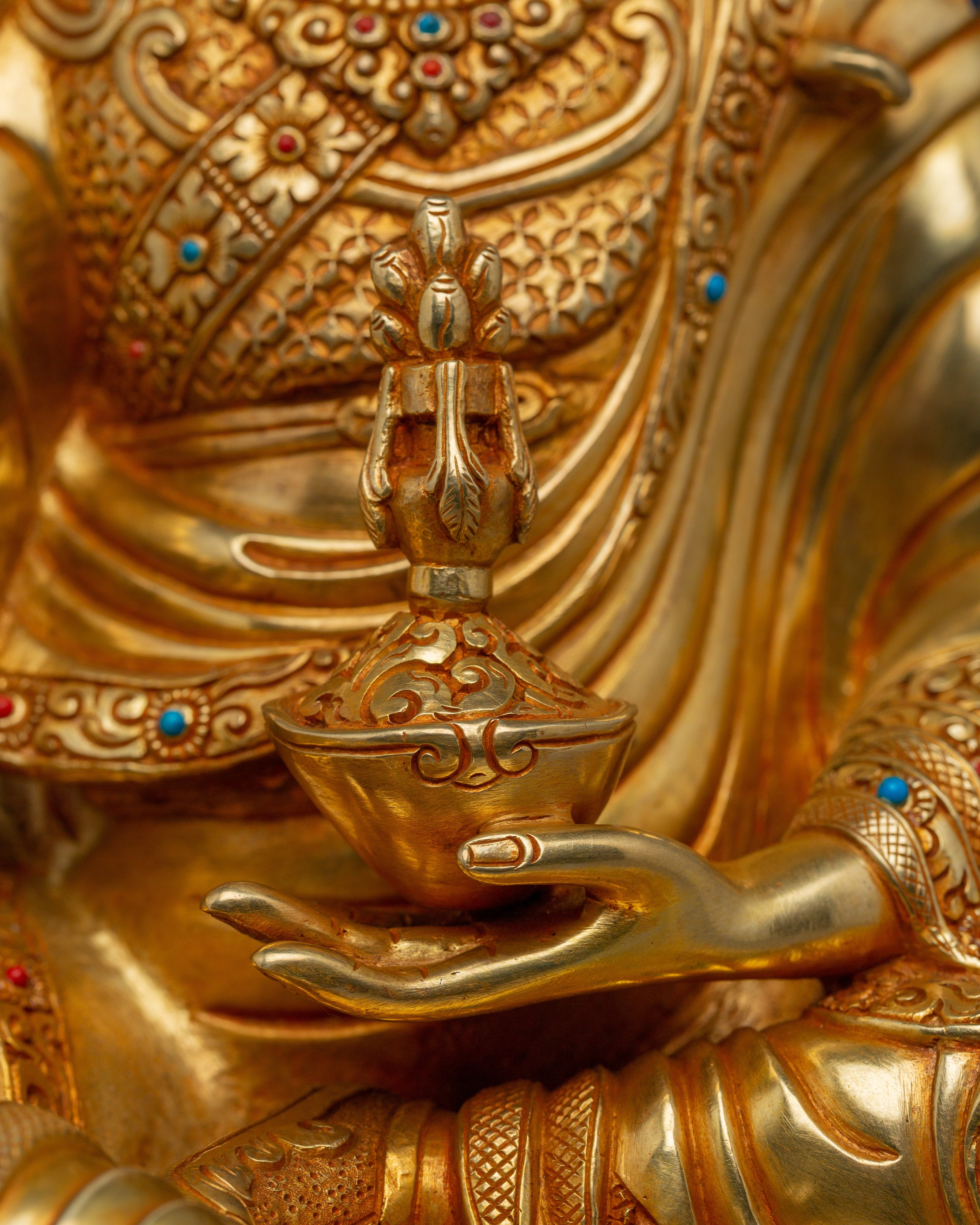 Guru Rinpoche Statue 24K Gold Gilded | Gemstone Inlaid Copper Sculpture