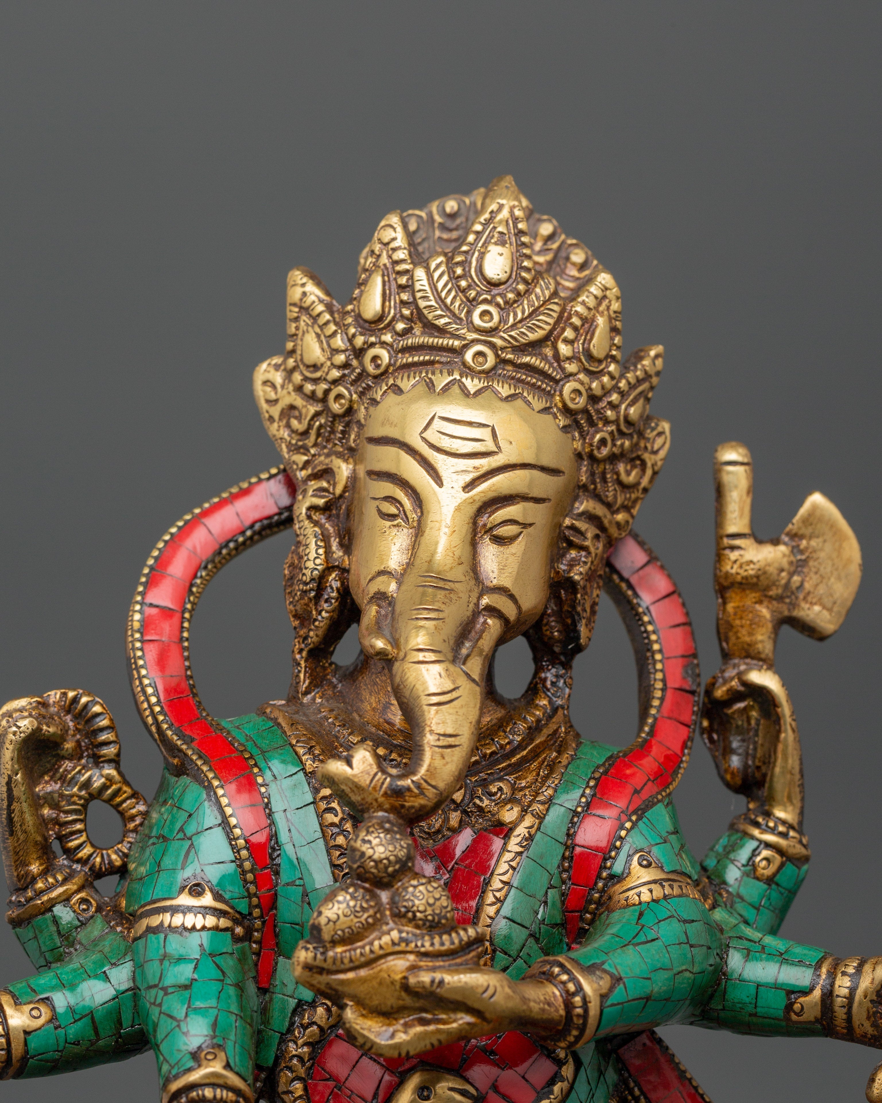 Lord Ganesh In Dance Posture Statue | Brass Ganesh Statue with Turquoise & Coral