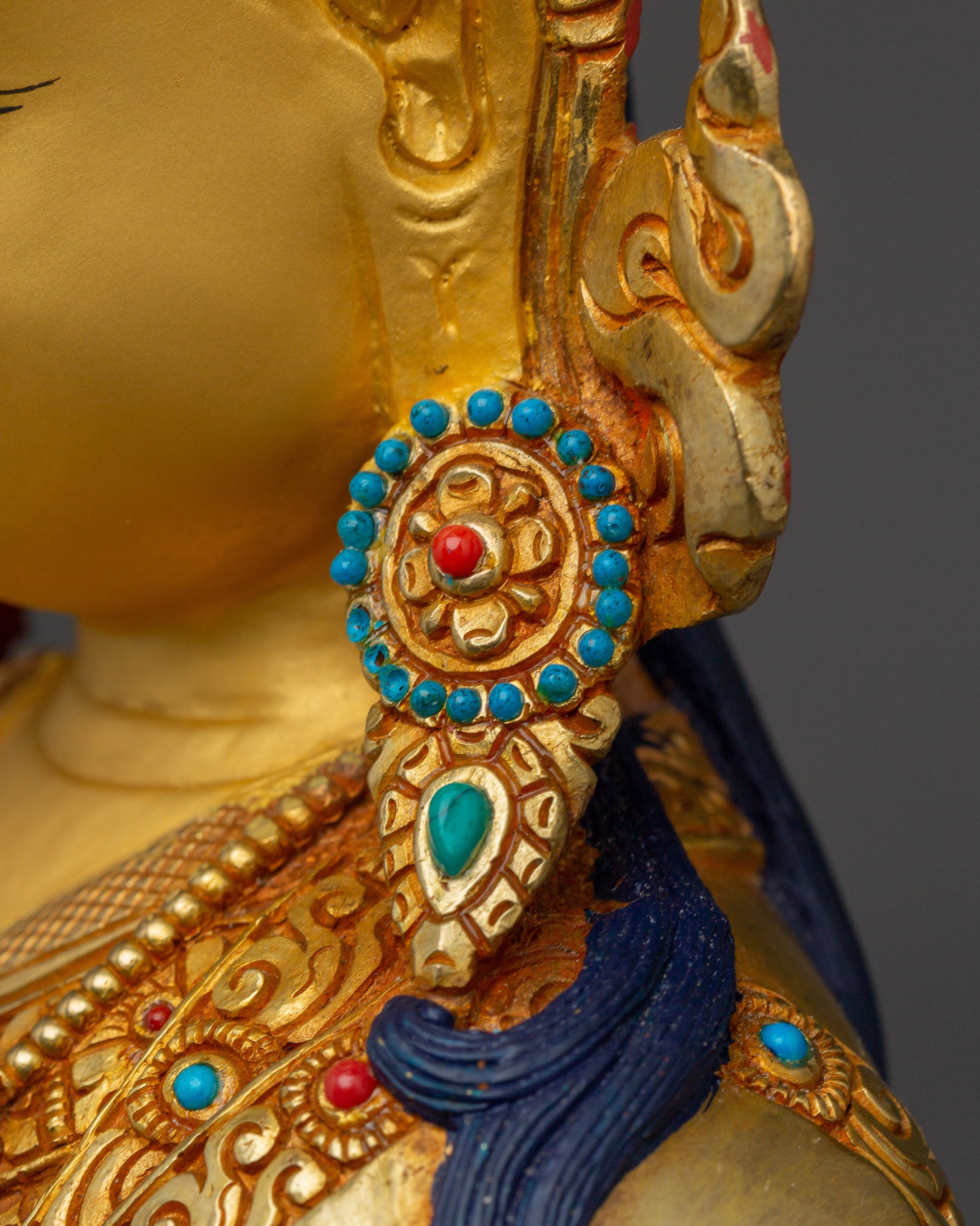 Guru Rinpoche Statue 24K Gold Gilded | Gemstone Inlaid Copper Sculpture