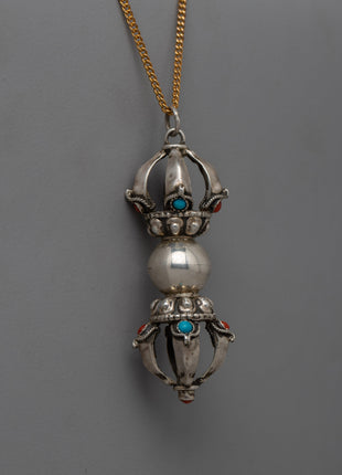 Vajra Symbol of Strength with Coral and Lapis Lazuli | Compact Silver Vajra |Tibetan Silver Vajra