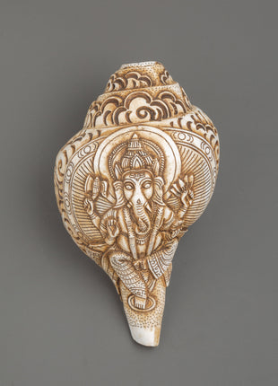 Ganesh Carved Conch Shell for Altar | Handcrafted Conch Shell Ritual Shankha