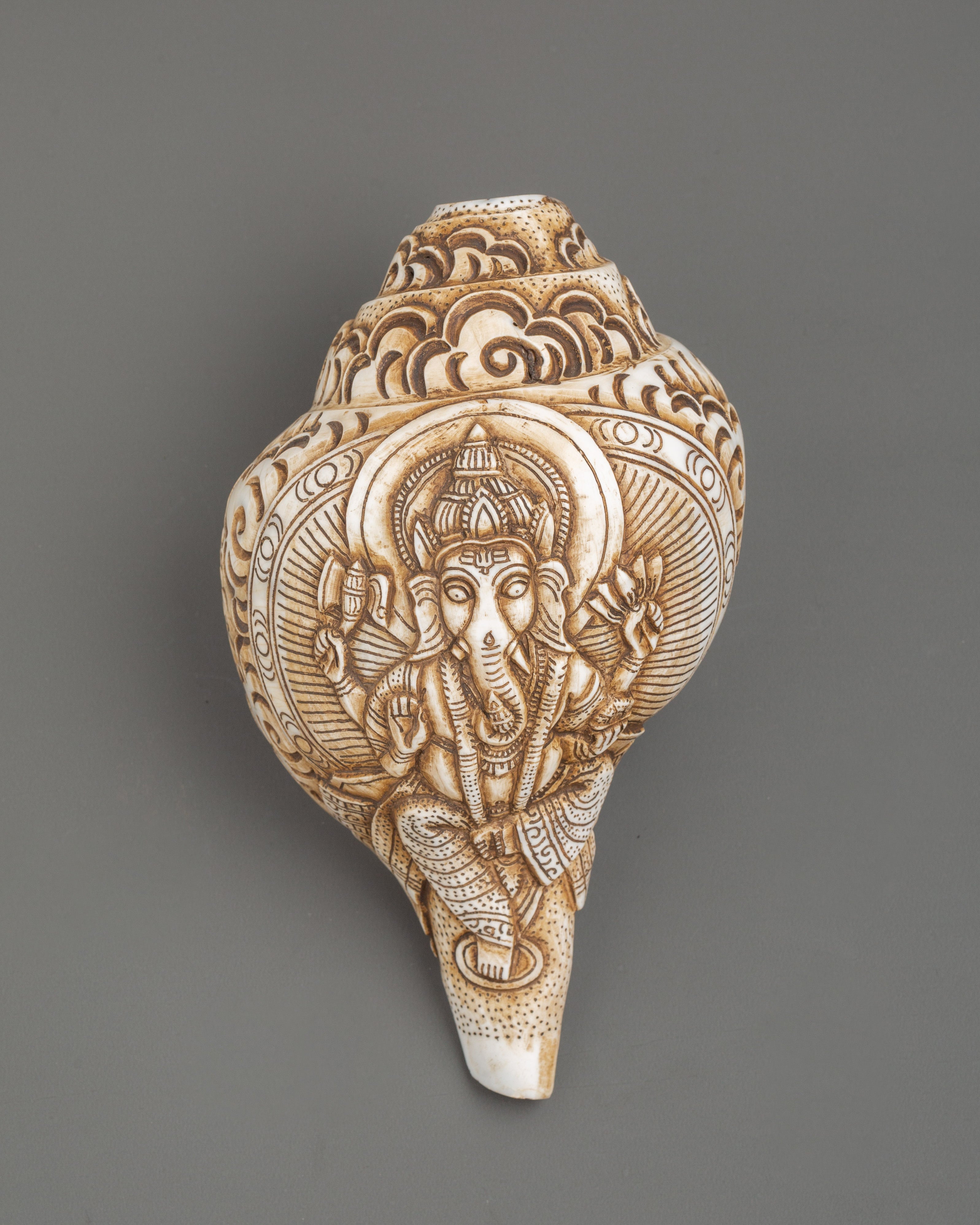 Ganesh Carved Conch Shell for Altar | Handcrafted Conch Shell Ritual Shankha