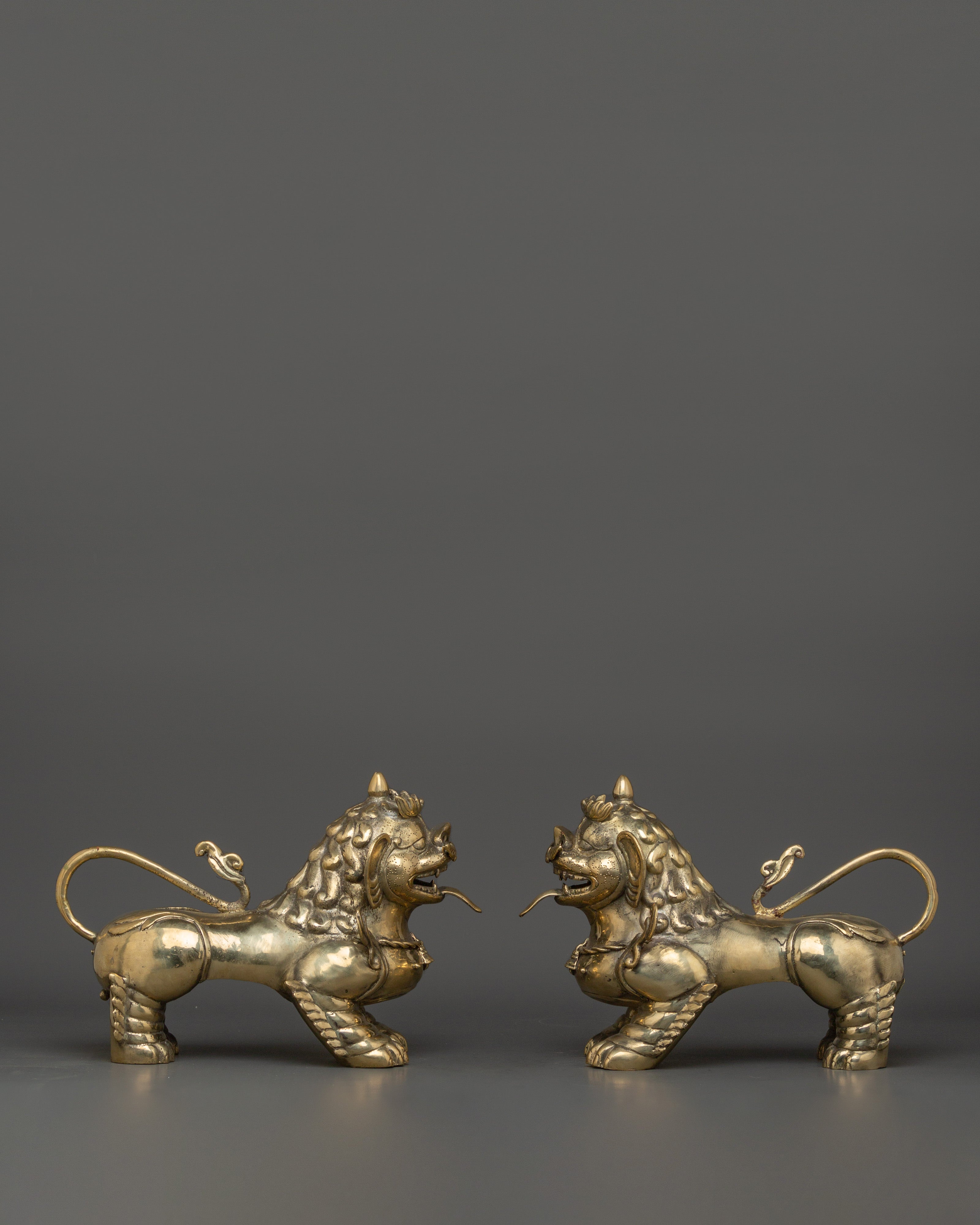 Handmade Tibetan Snow Lion Set | Brass Guardian Statues