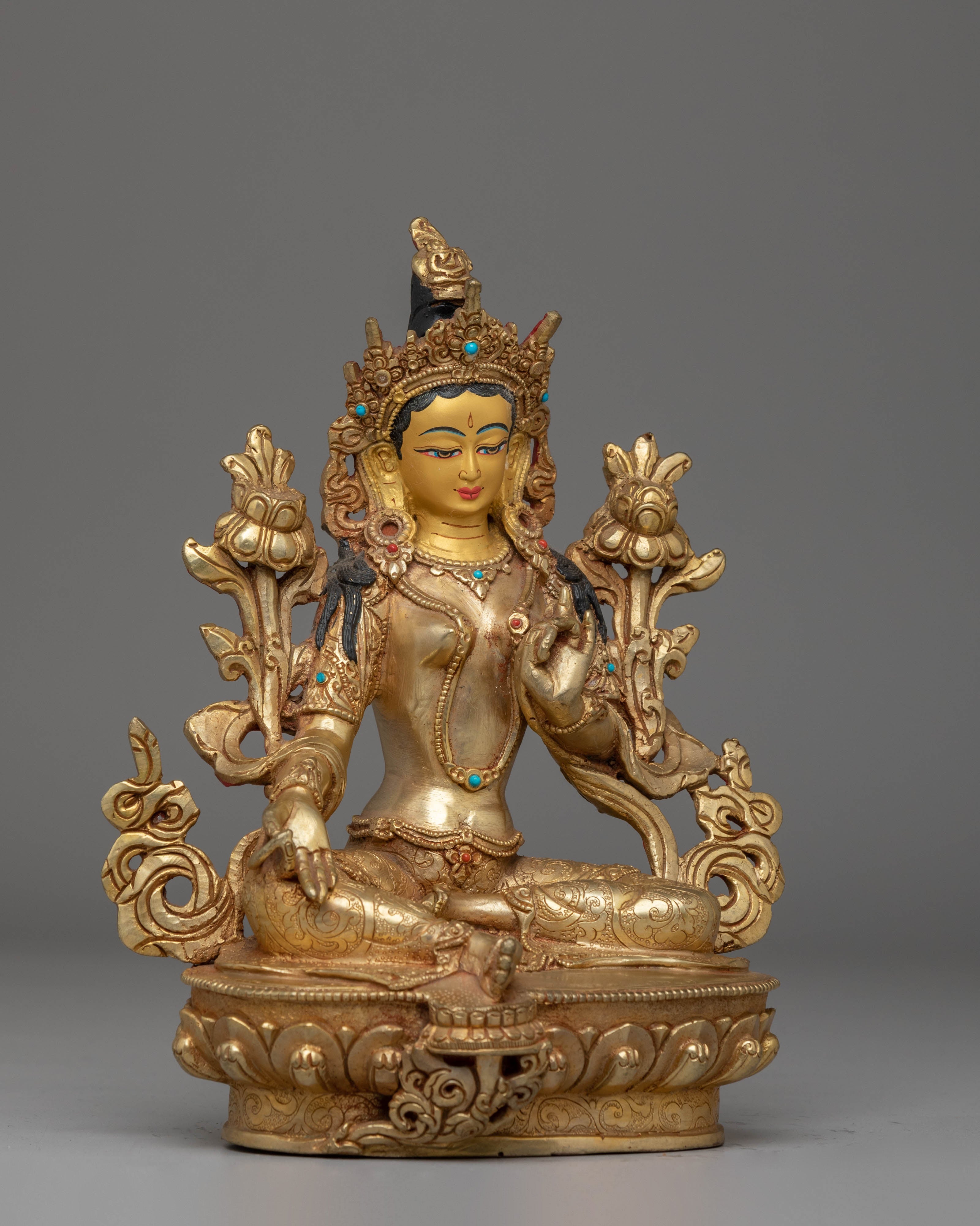 Handcrafted Green Tara Copper Statue with Spiritual Motifs