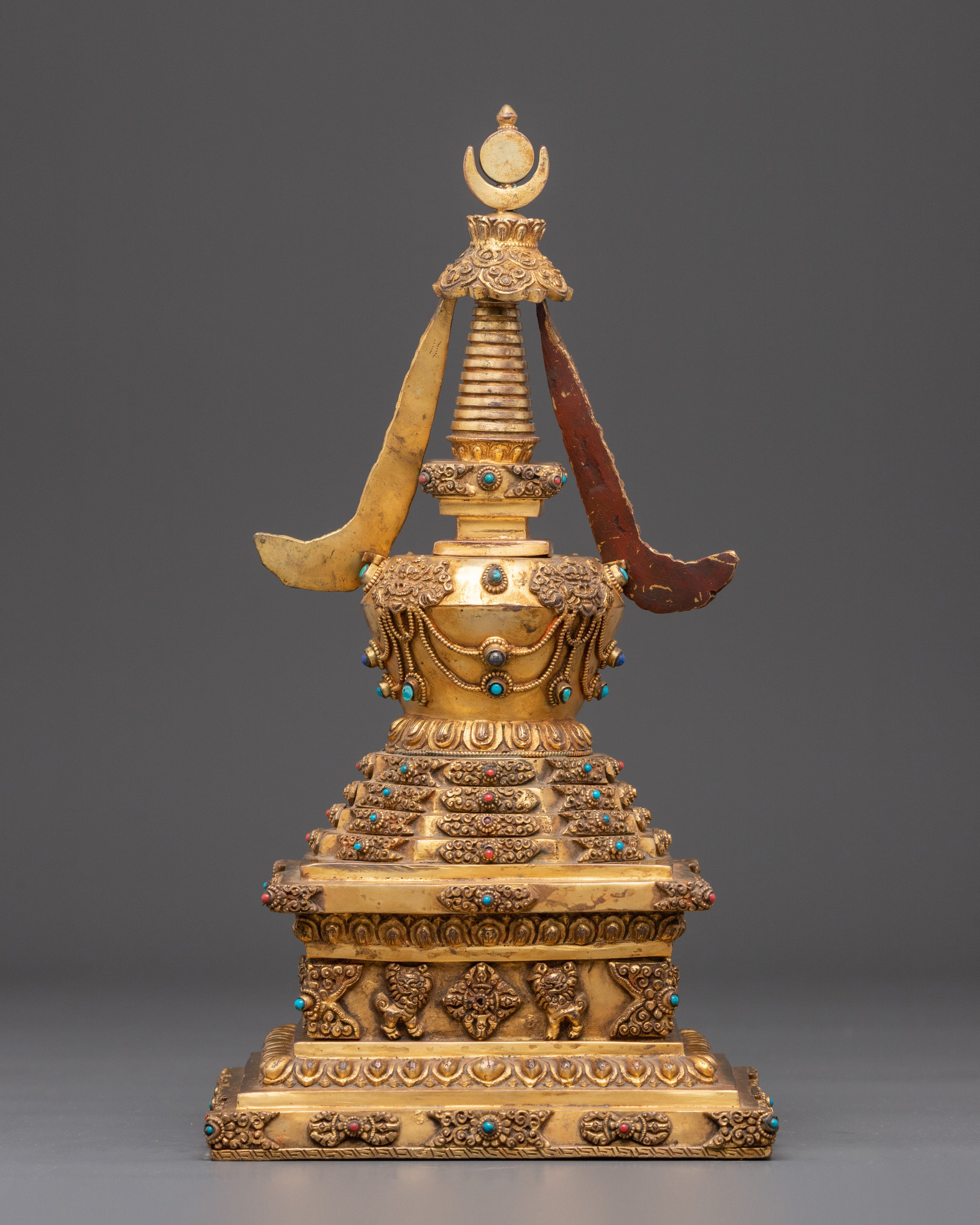 Sacred Stupa Containing Amitābha Buddha | Gold Plated Copper with Turquoise Inlay