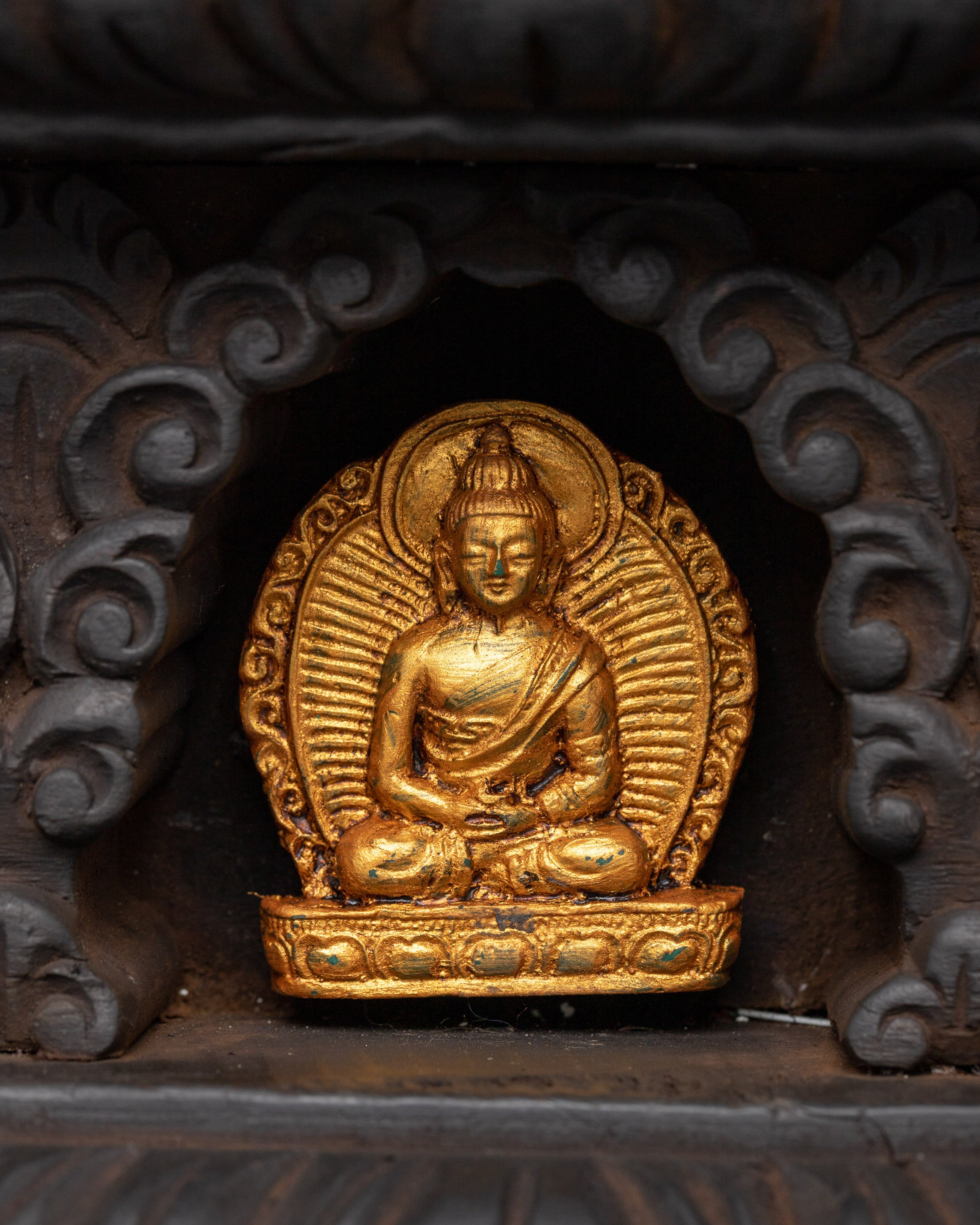 Buddha Set with Wooden Altar Box | Gold-Plated Buddha Figurines for Altar Decor