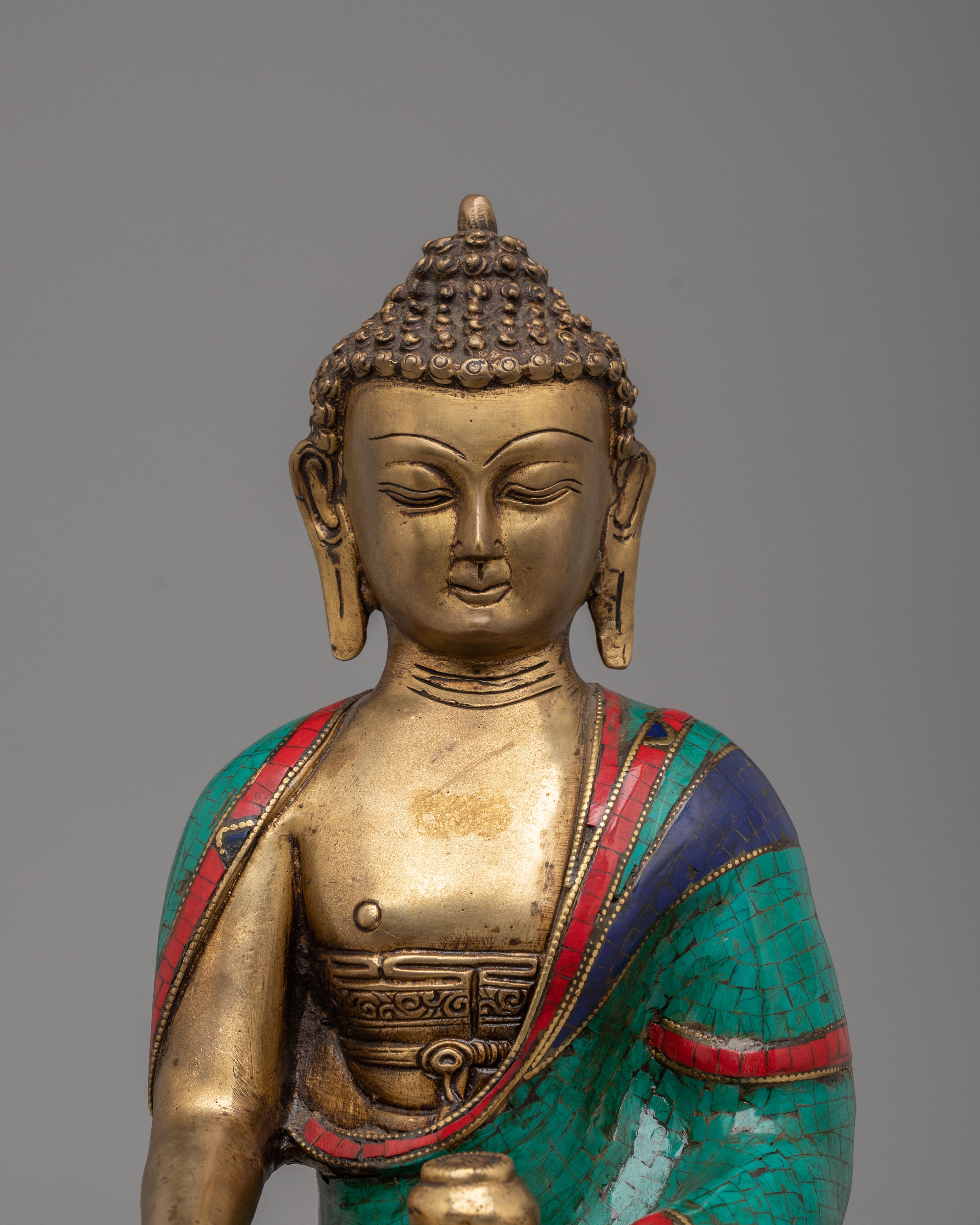 Scared Shakyamuni Buddha Statue | Handcrafted Brass Statue with Gemstones
