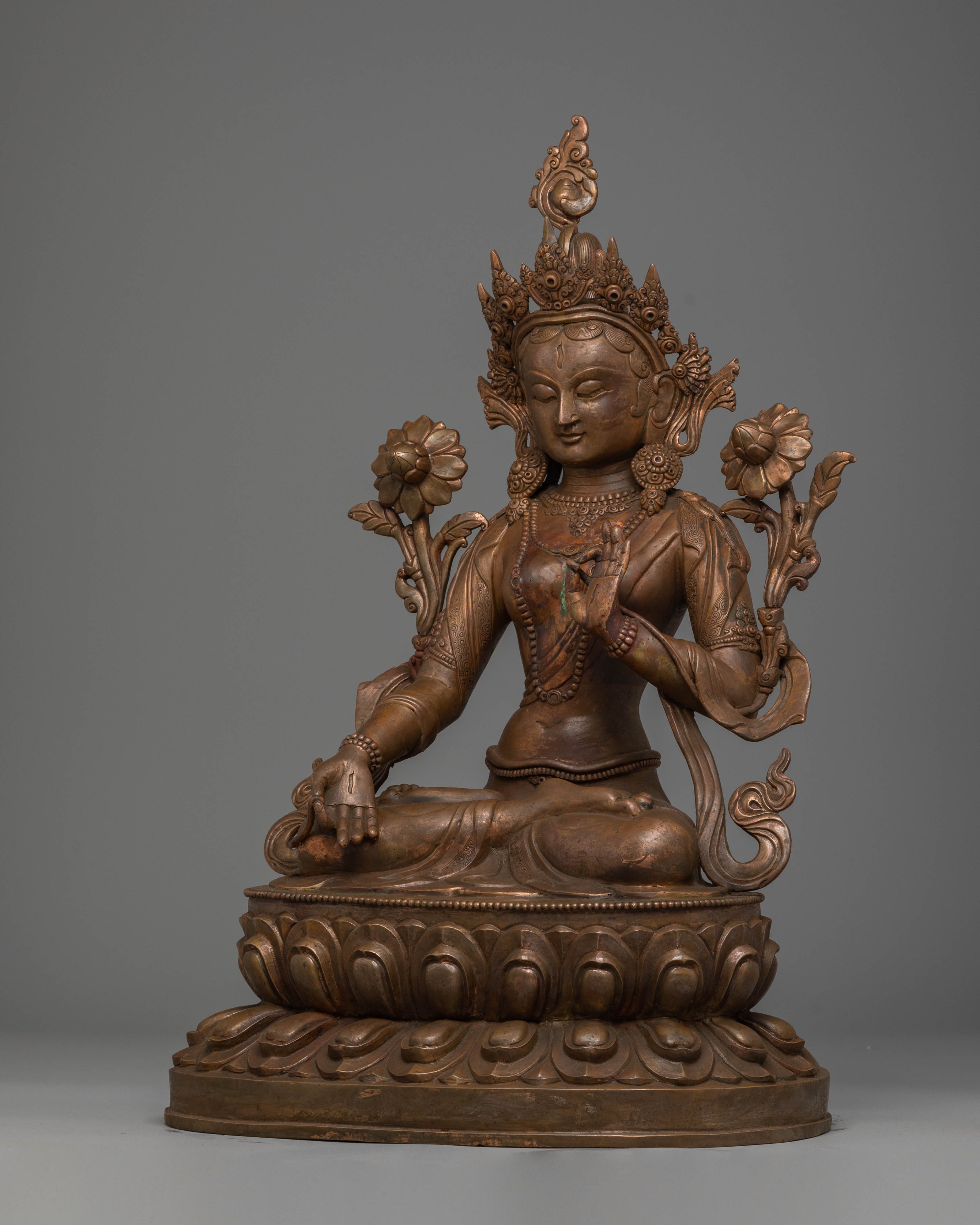 Sacred Statue of Green Tara | Oxidized Copper Buddha Statue for Meditation and Altar