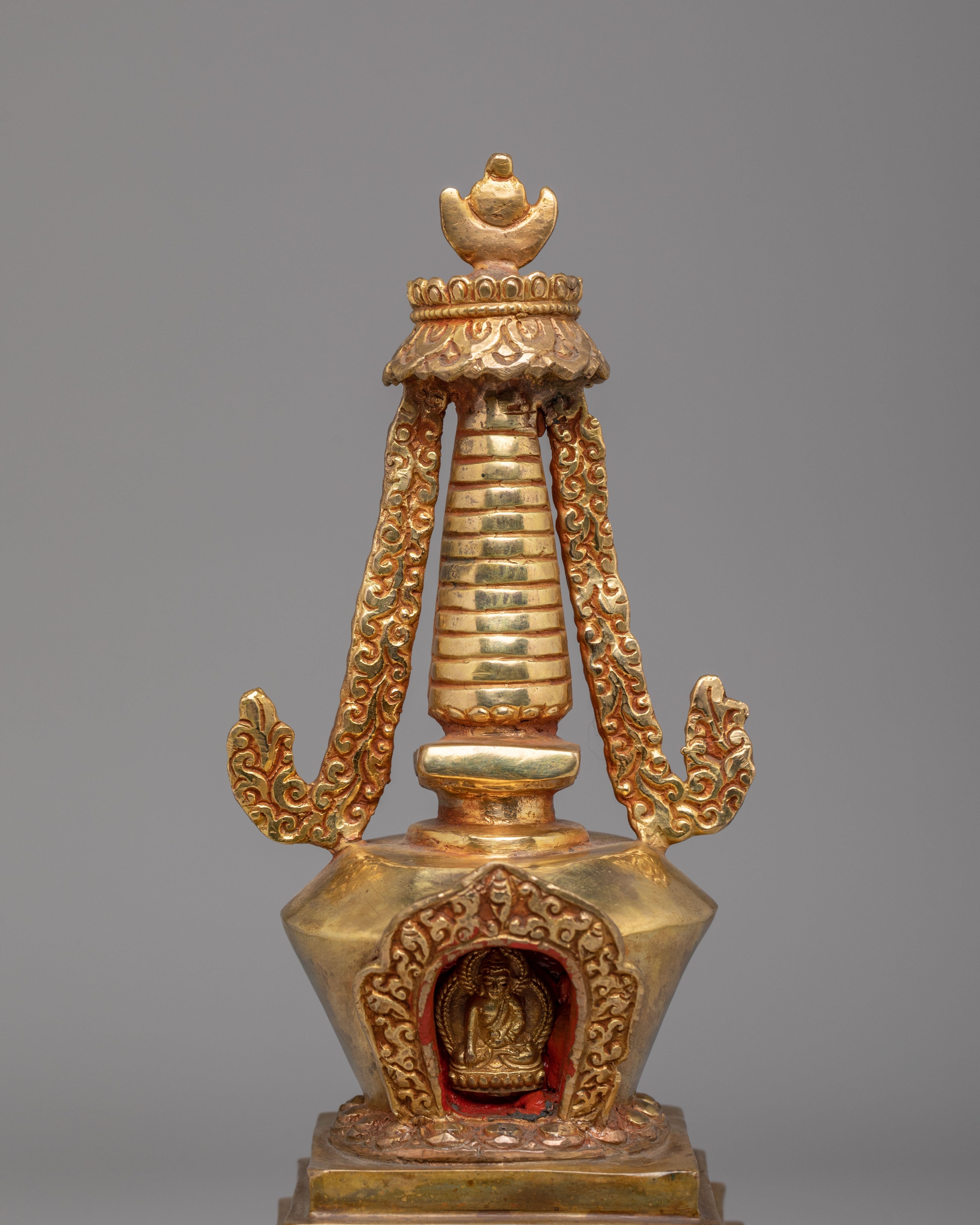 Sacred Altar Enlightenment Chorten | Gold Plated Copper Altar Sculpture