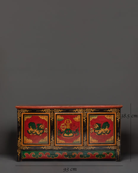 Hand-Carved Tibetan Wooden Cabinet with Door | Sacred Symbols and Artisan Detailing