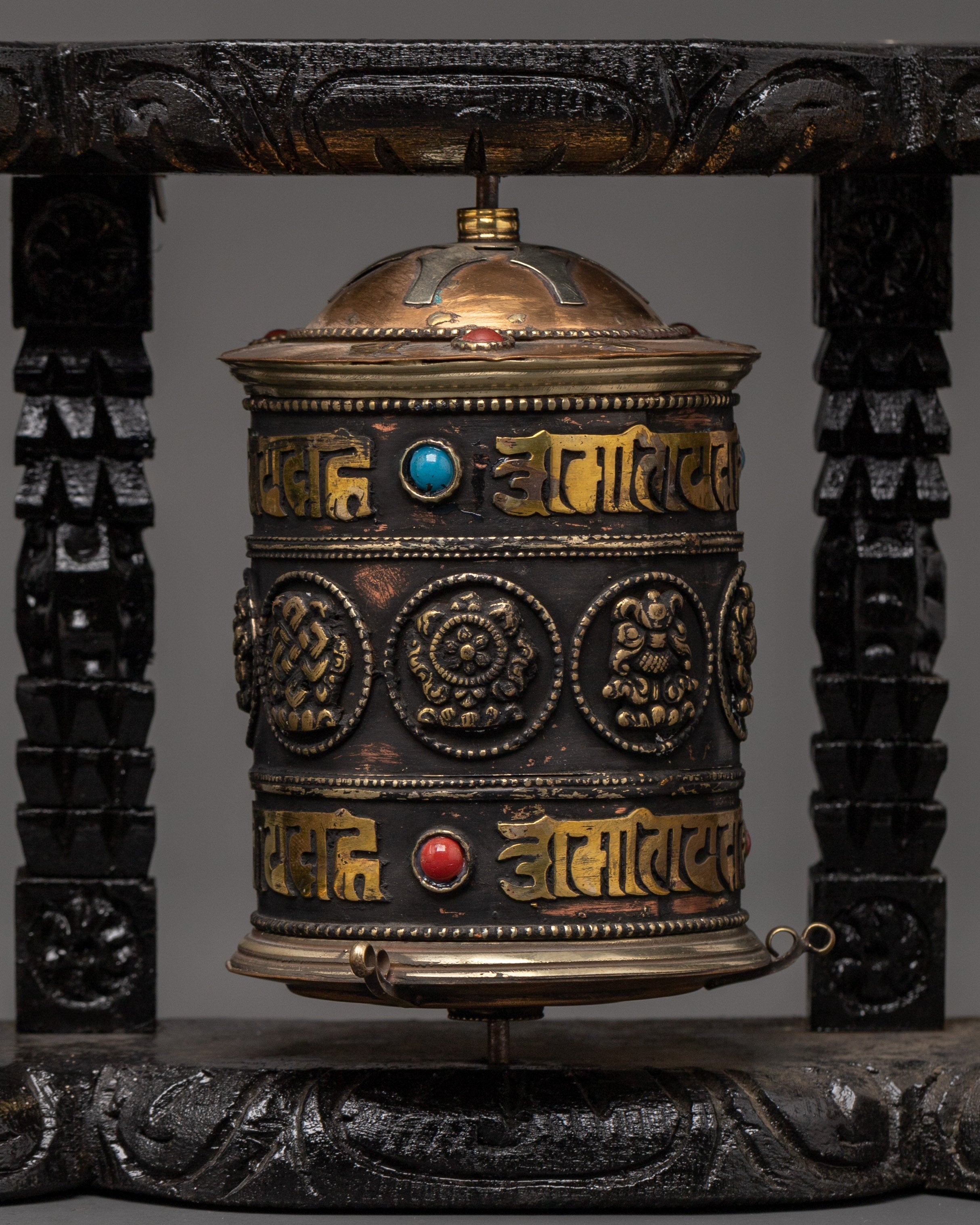 Five Tibetan Prayer Wheels on a Wooden Frame | Mantra Spinners