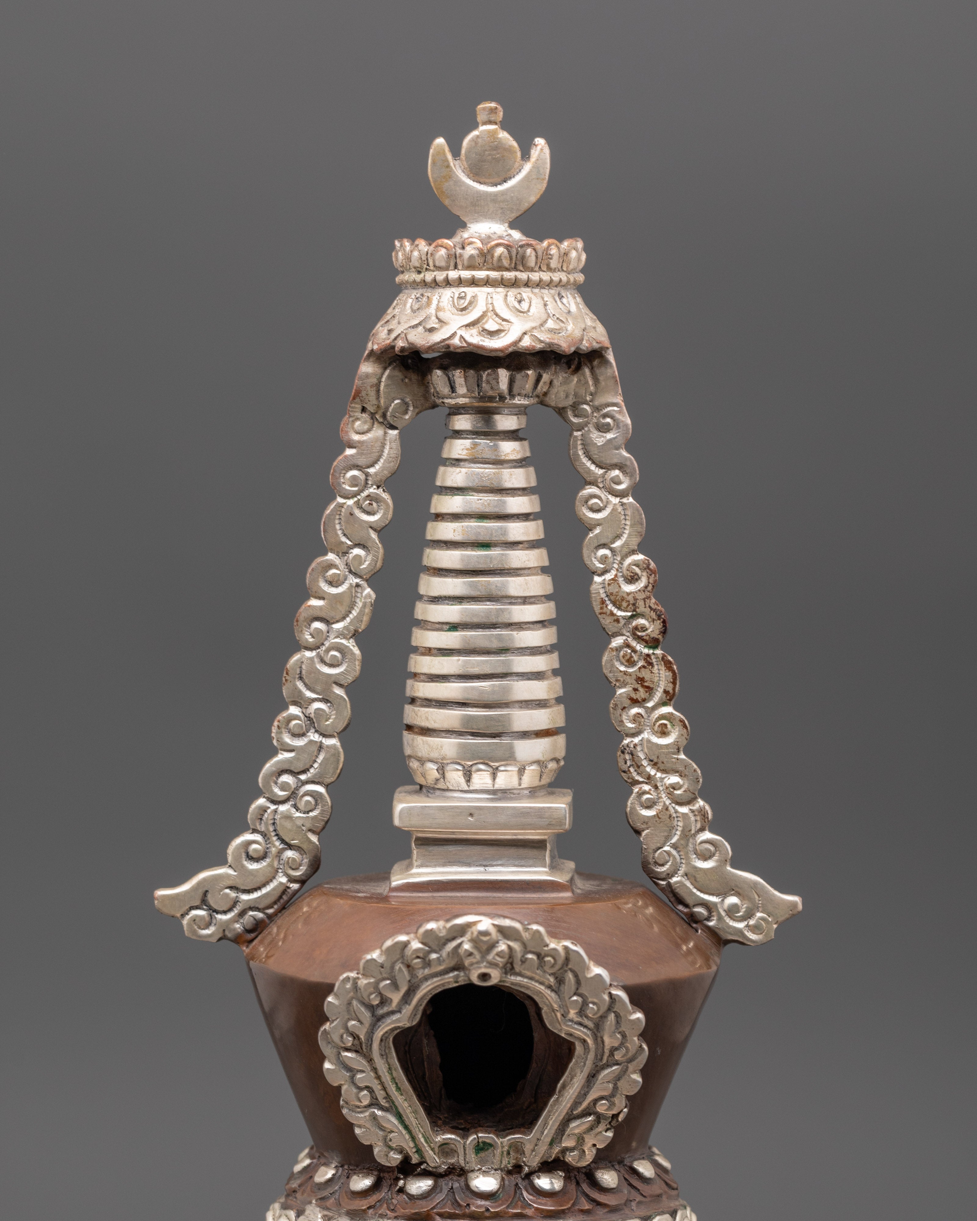 Buddhist Meditation Stupa | Silver Plated Oxidized Copper Altar Decor