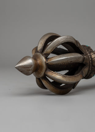 Iron Vajra with a Wooden Base and Turquoise Coral Inlays | Acrylic Painted Base