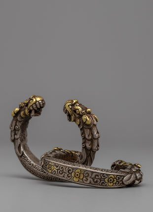 Exquisite Newari Dragon-Head Bracelet | Vintage Silver Bracelet with Gold Accents