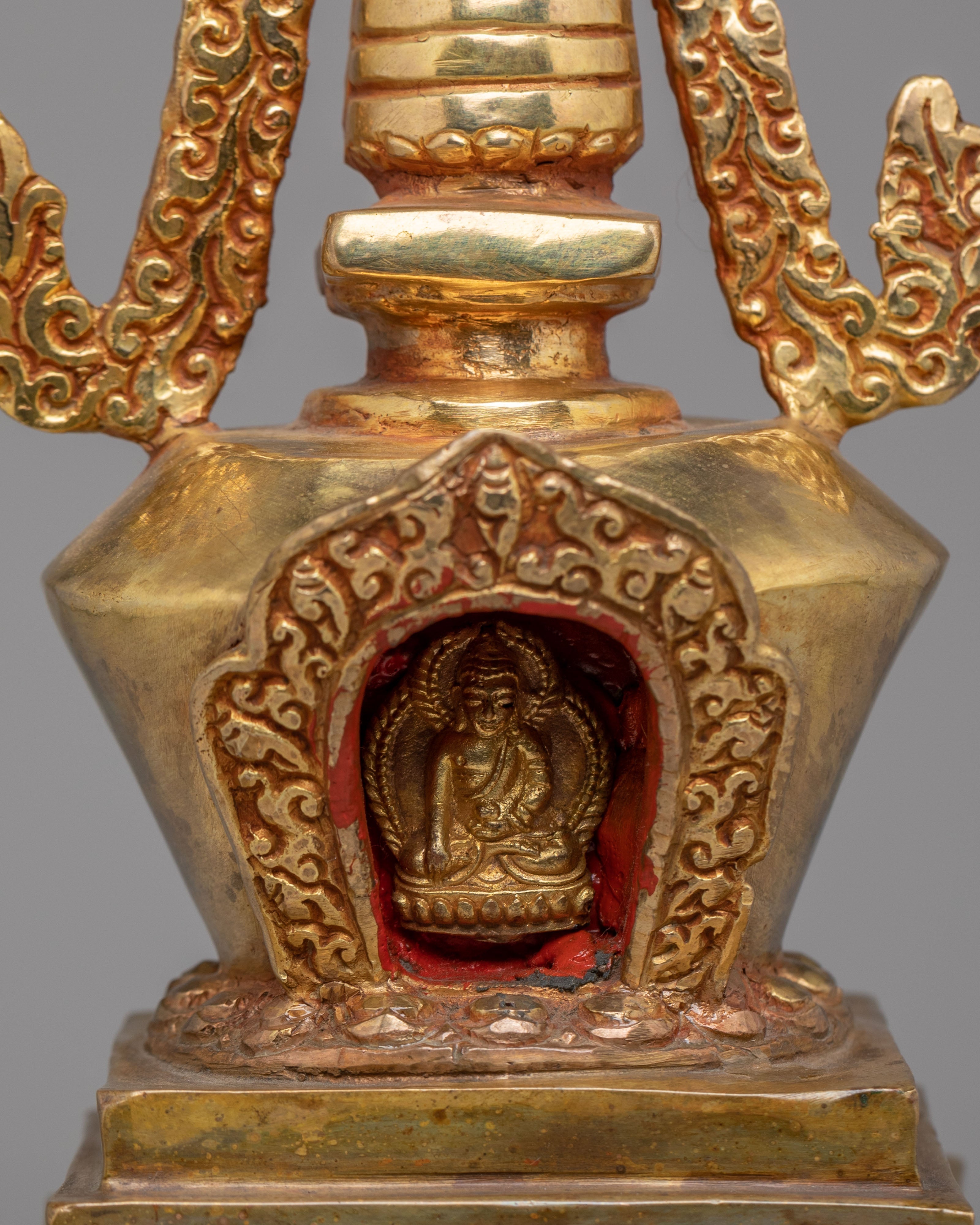 Sacred Altar Enlightenment Chorten | Gold Plated Copper Altar Sculpture