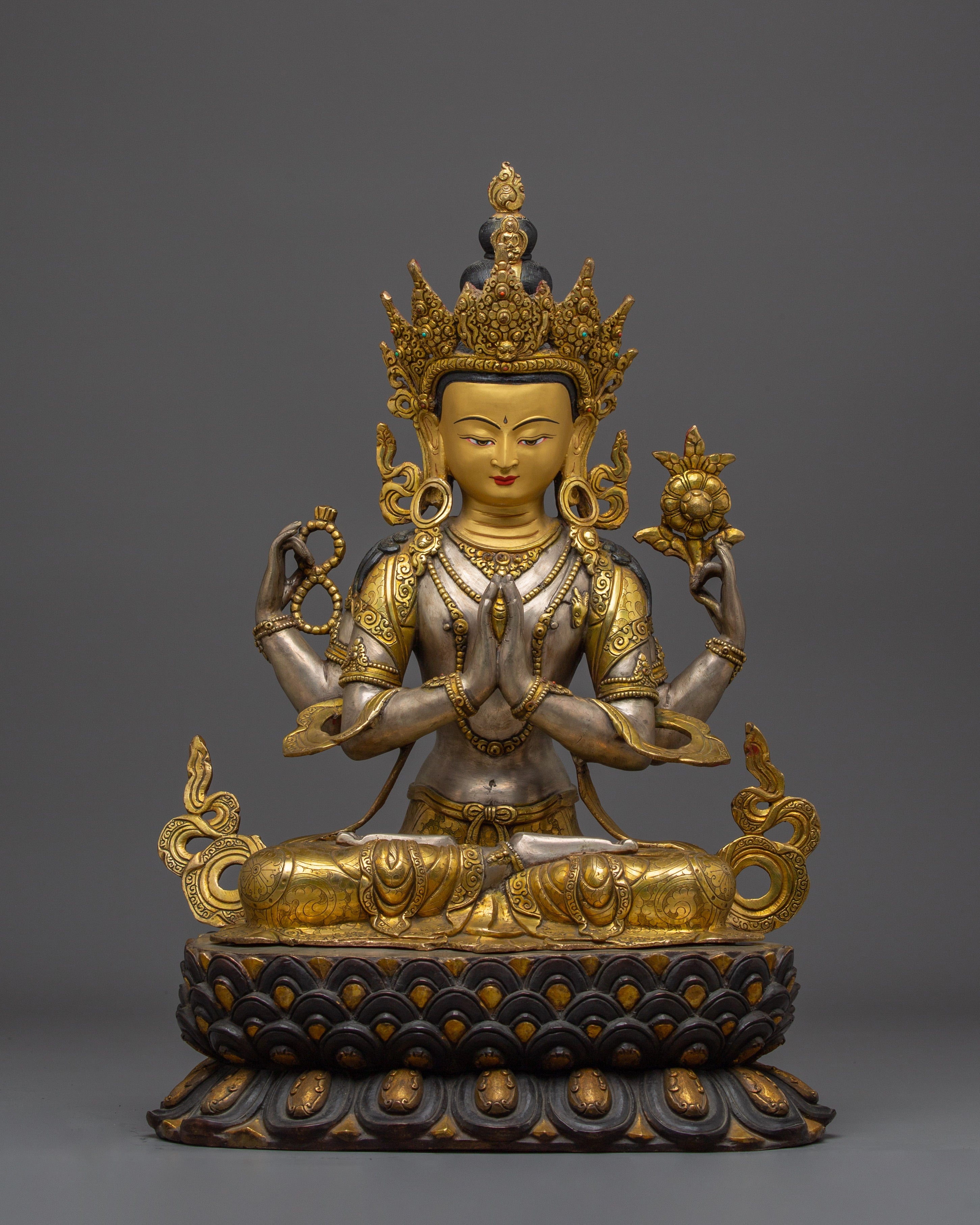 Silver-Plated & Gold-Gilded Copper Chenrezig Statue
