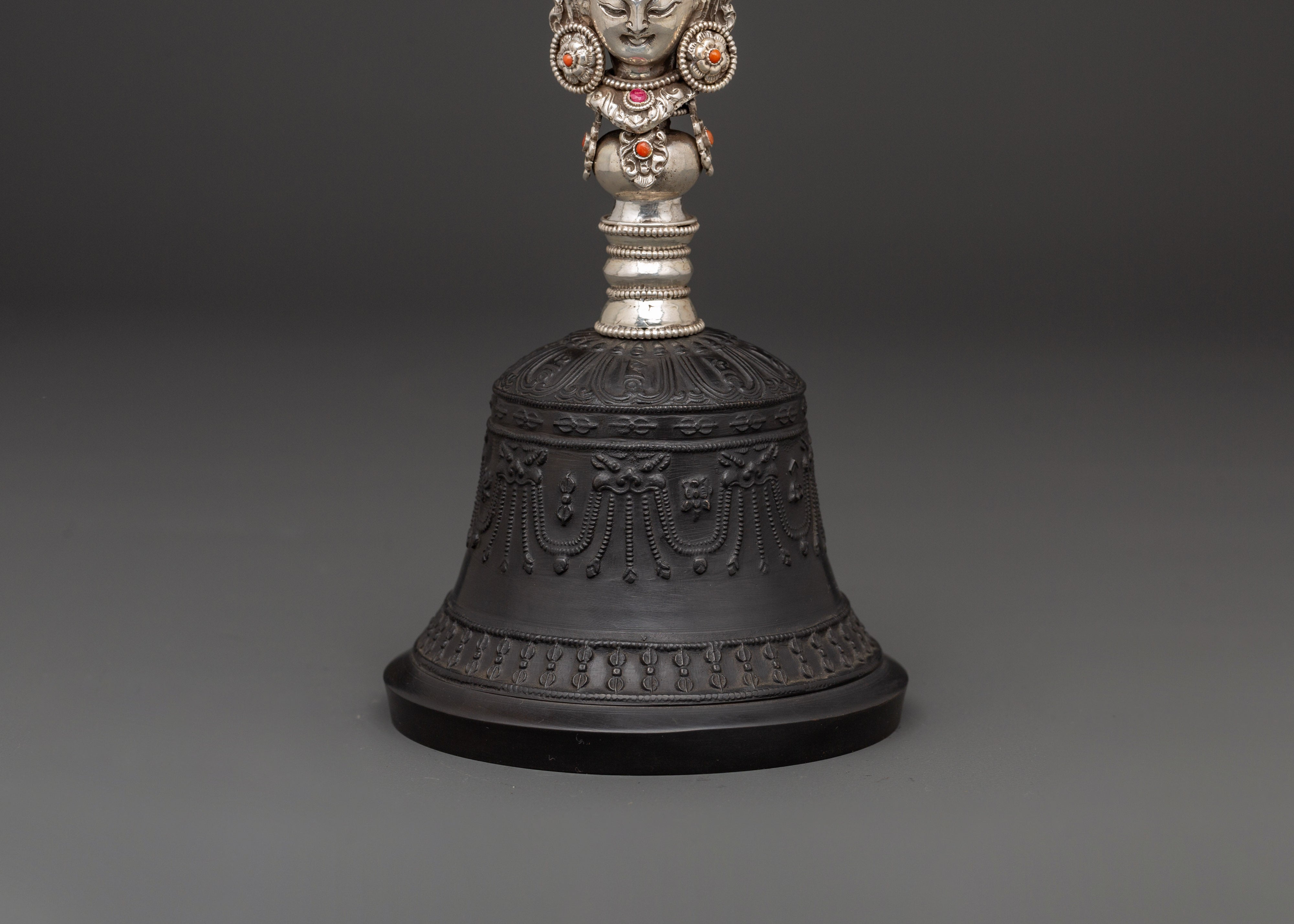 Wrathful Deity Engraved Bell and Vajra Set for Tibetan Rituals