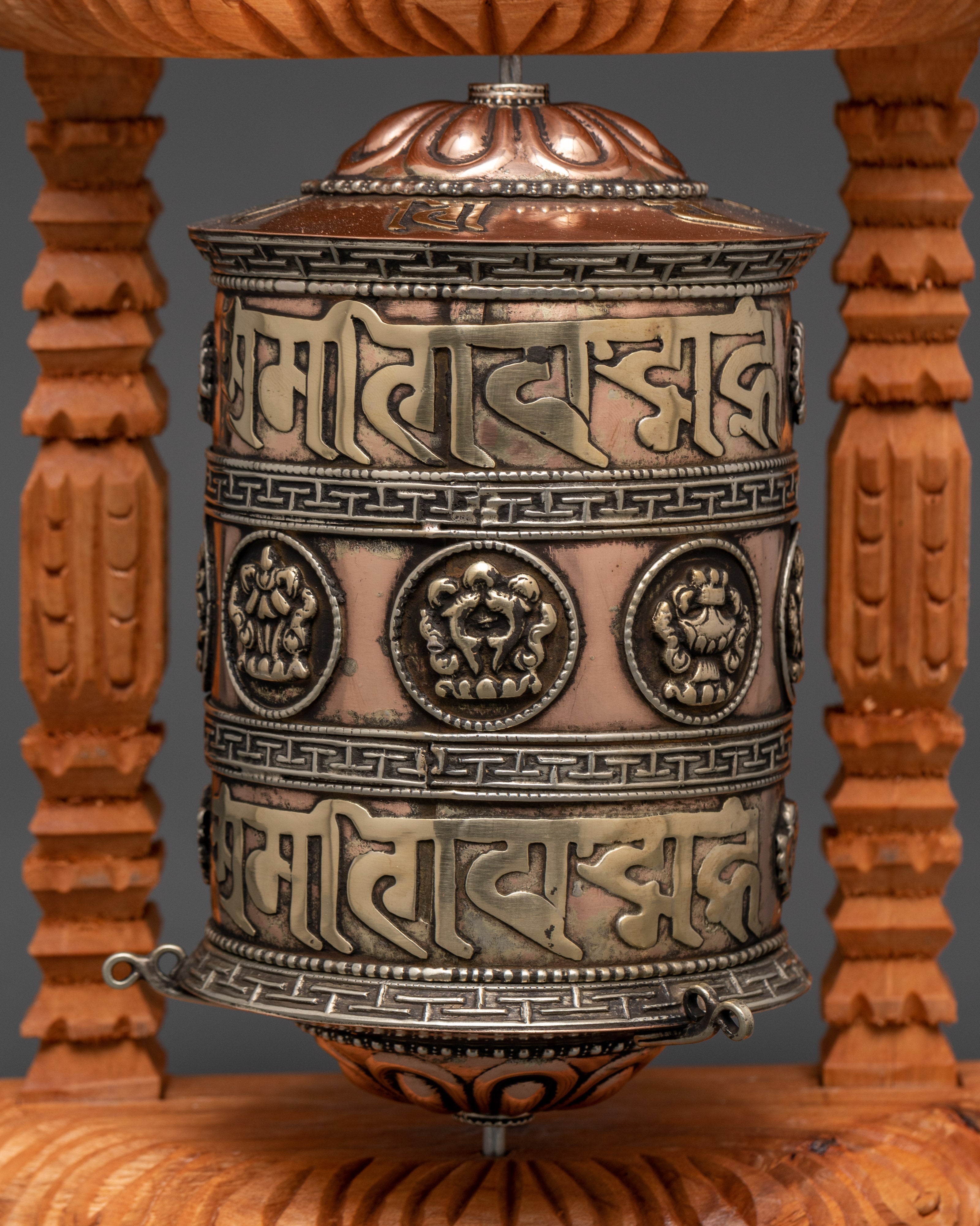 Large Copper & Brass Prayer Wheel | Sacred Wood Frame