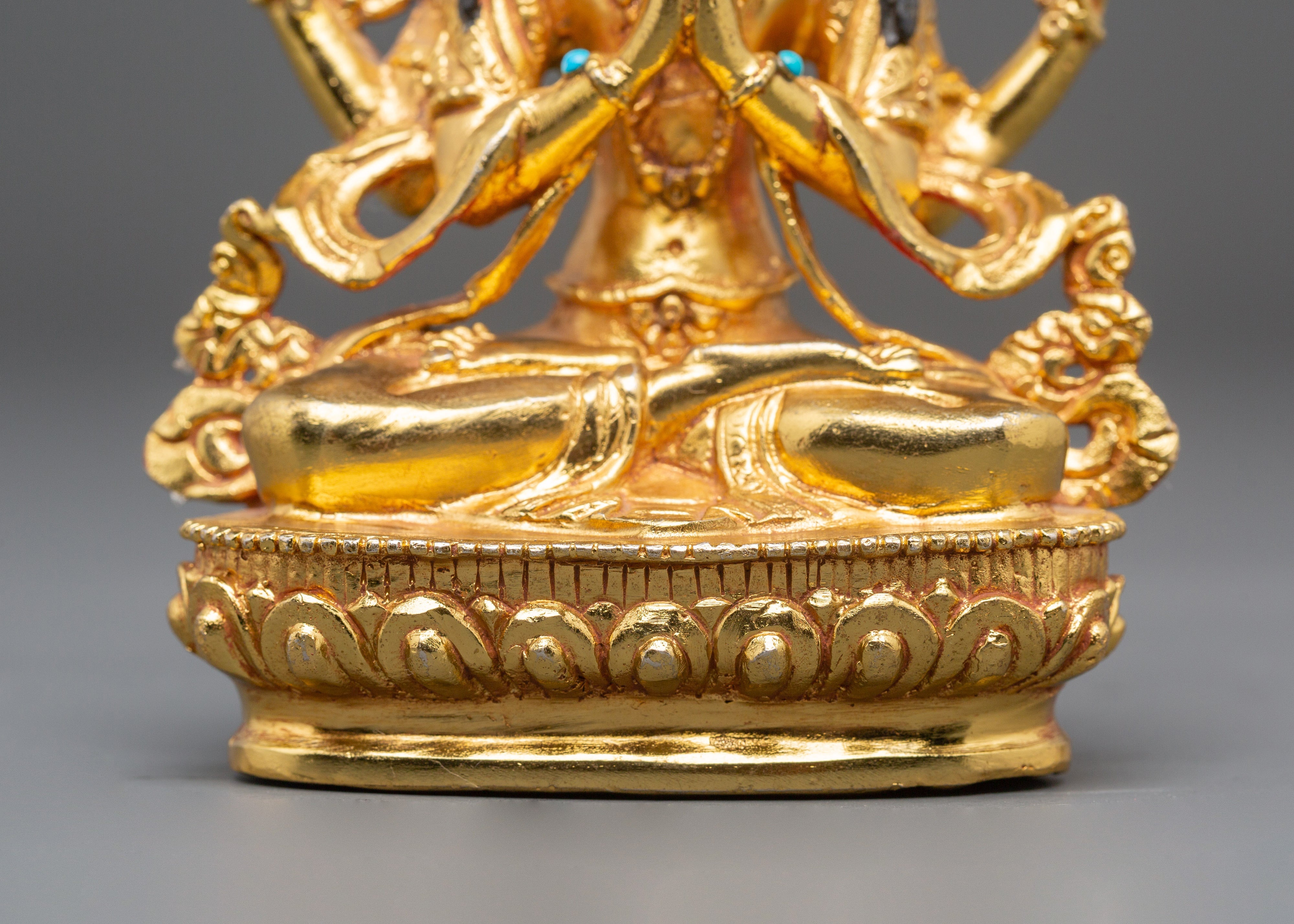 Sacred Bodhisattva Chenrezig Handmade Statue | Gold Plated Tibetan Deity Sculpture
