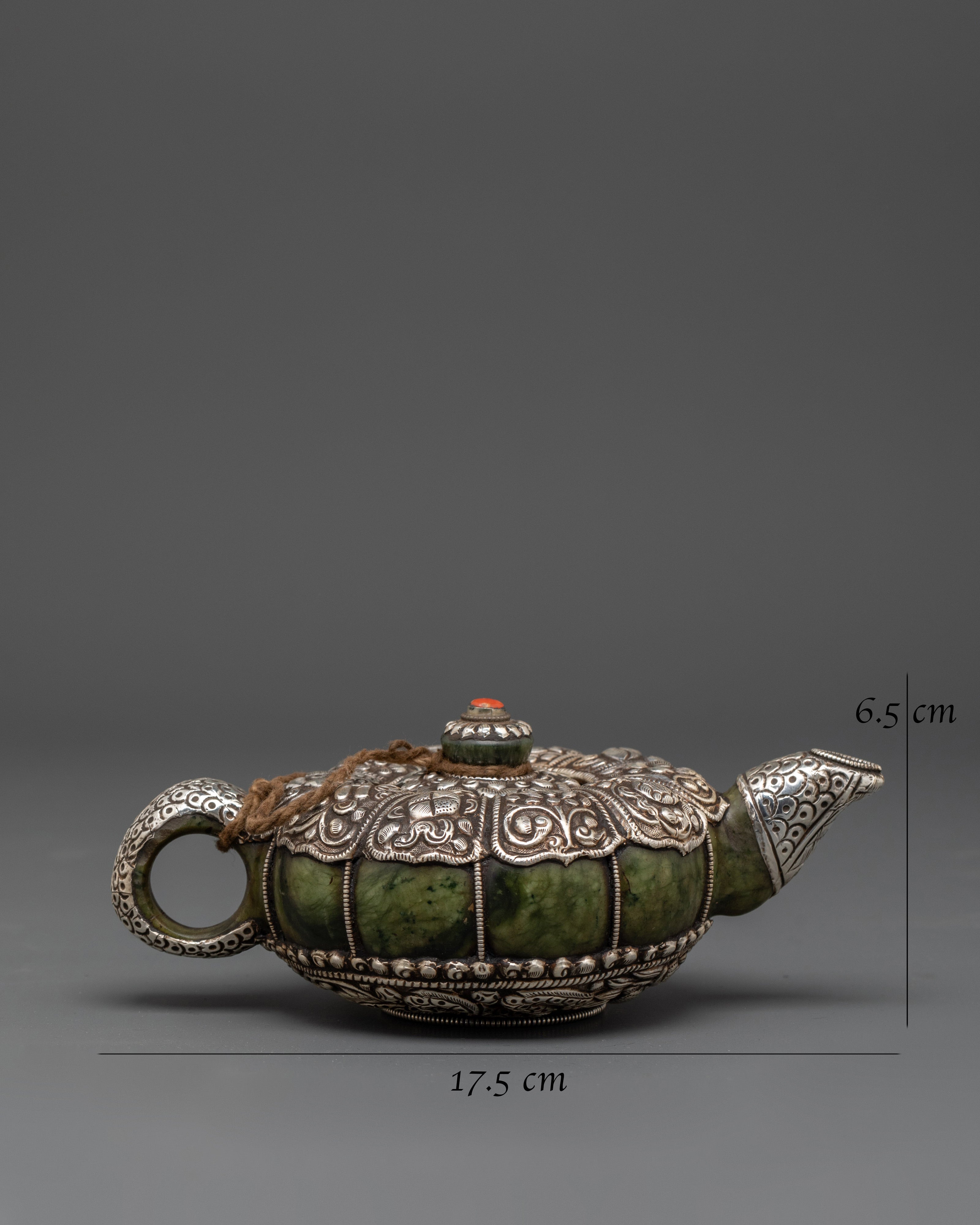 Handcrafted Tibetan Teapot & Offering Bowl Set | Green Jade & Silver Tea Set