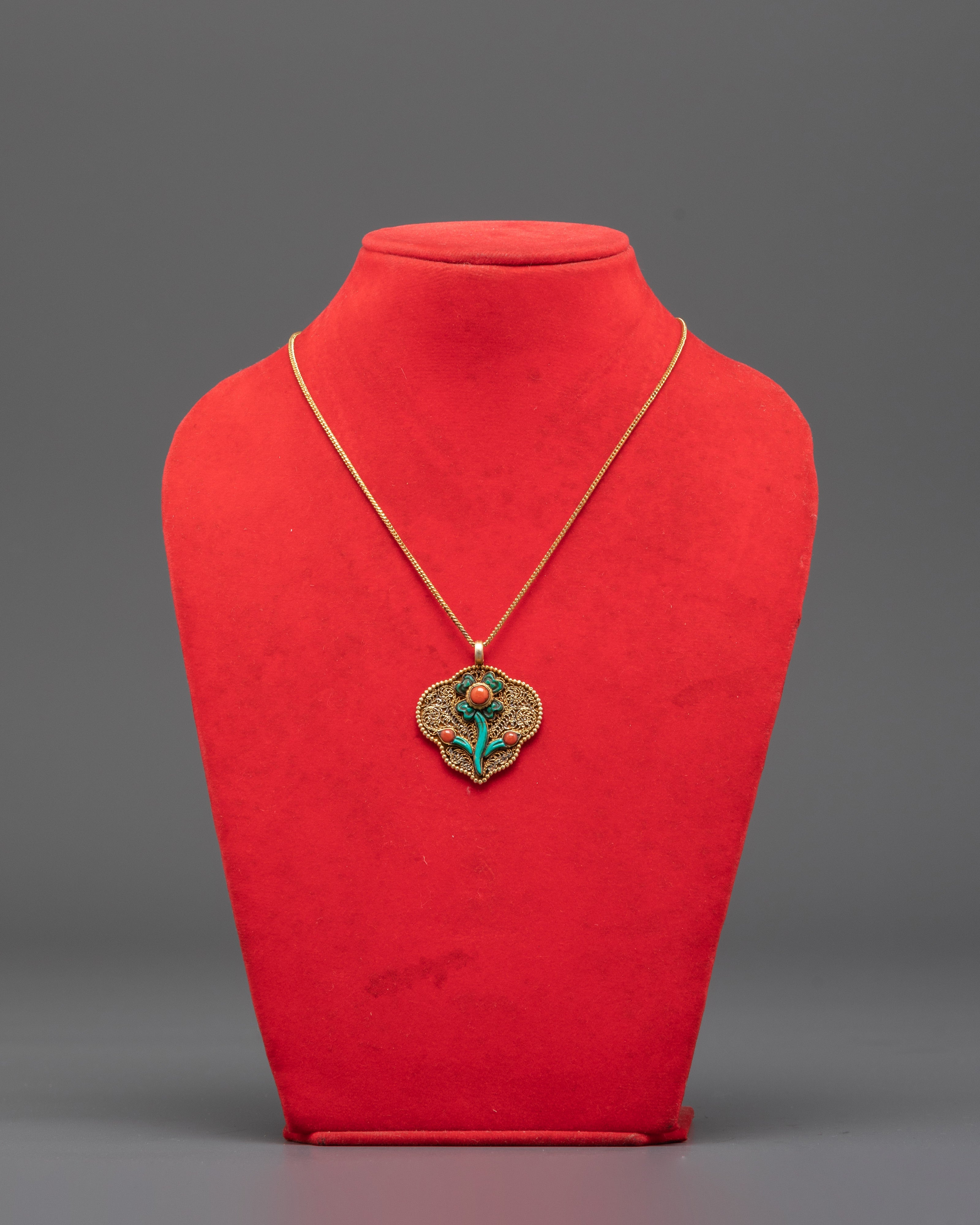 Gold Plated Flower Locket with Coral & Turquoise Stones