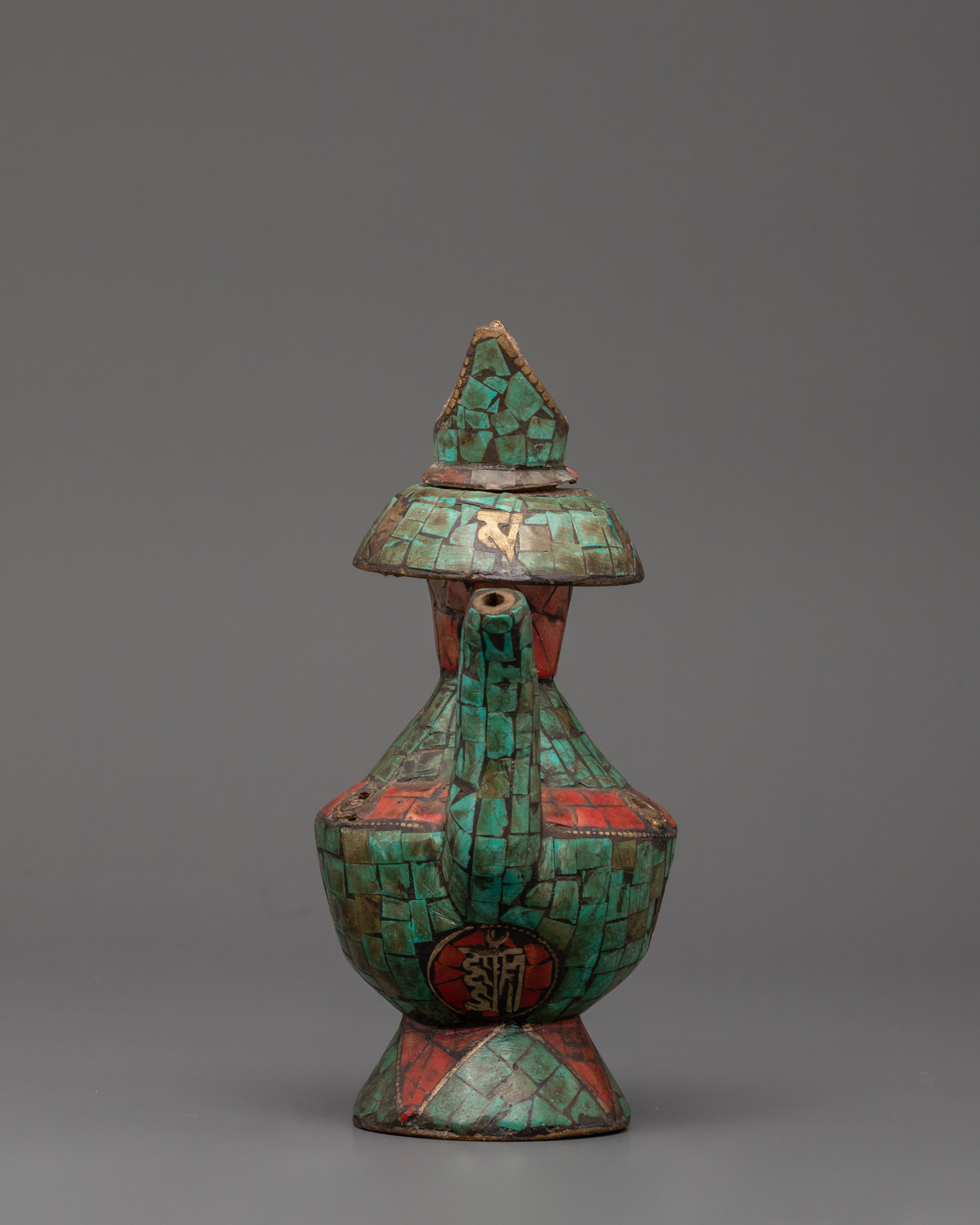 Tibetan Bhumba Set with Turquoise & Coral Inlay | Copper Ritual Water Vases