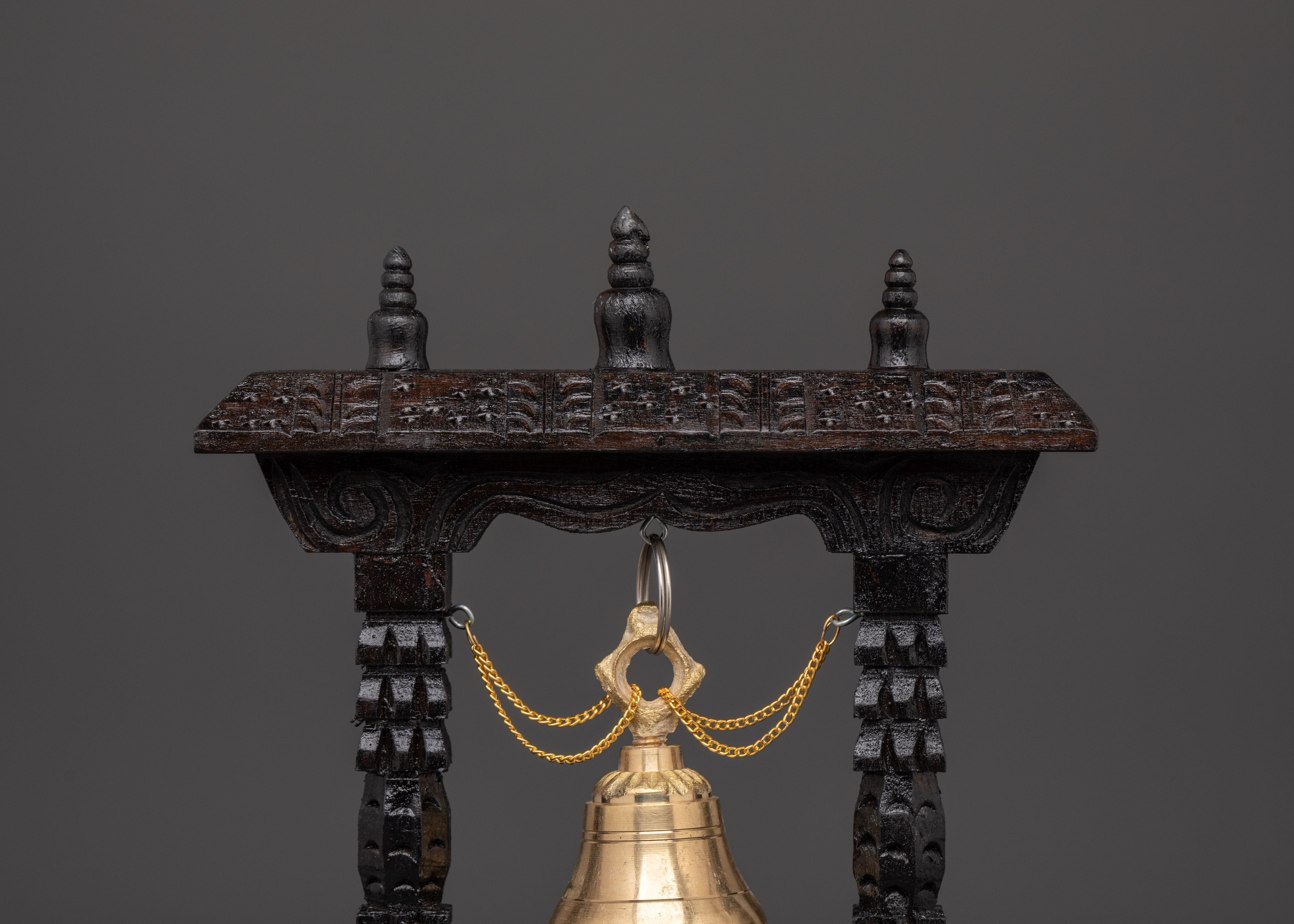 Traditional Buddhist Hanging Bell Decor | Hand Carved Wooden Bell Shrine