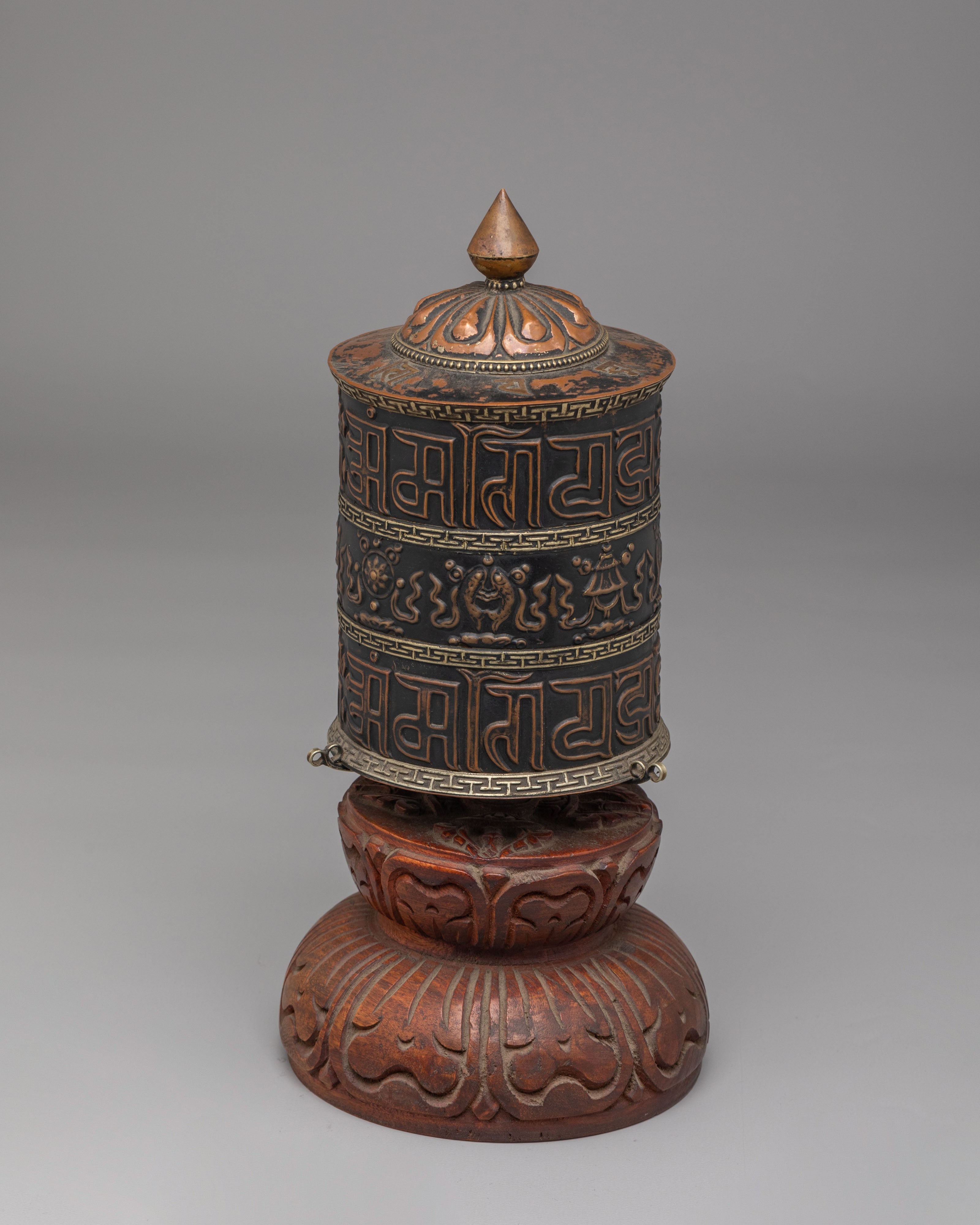 Decorative Tibetan Prayer Wheel with Base | Handcrafted Copper and Wooden Decor
