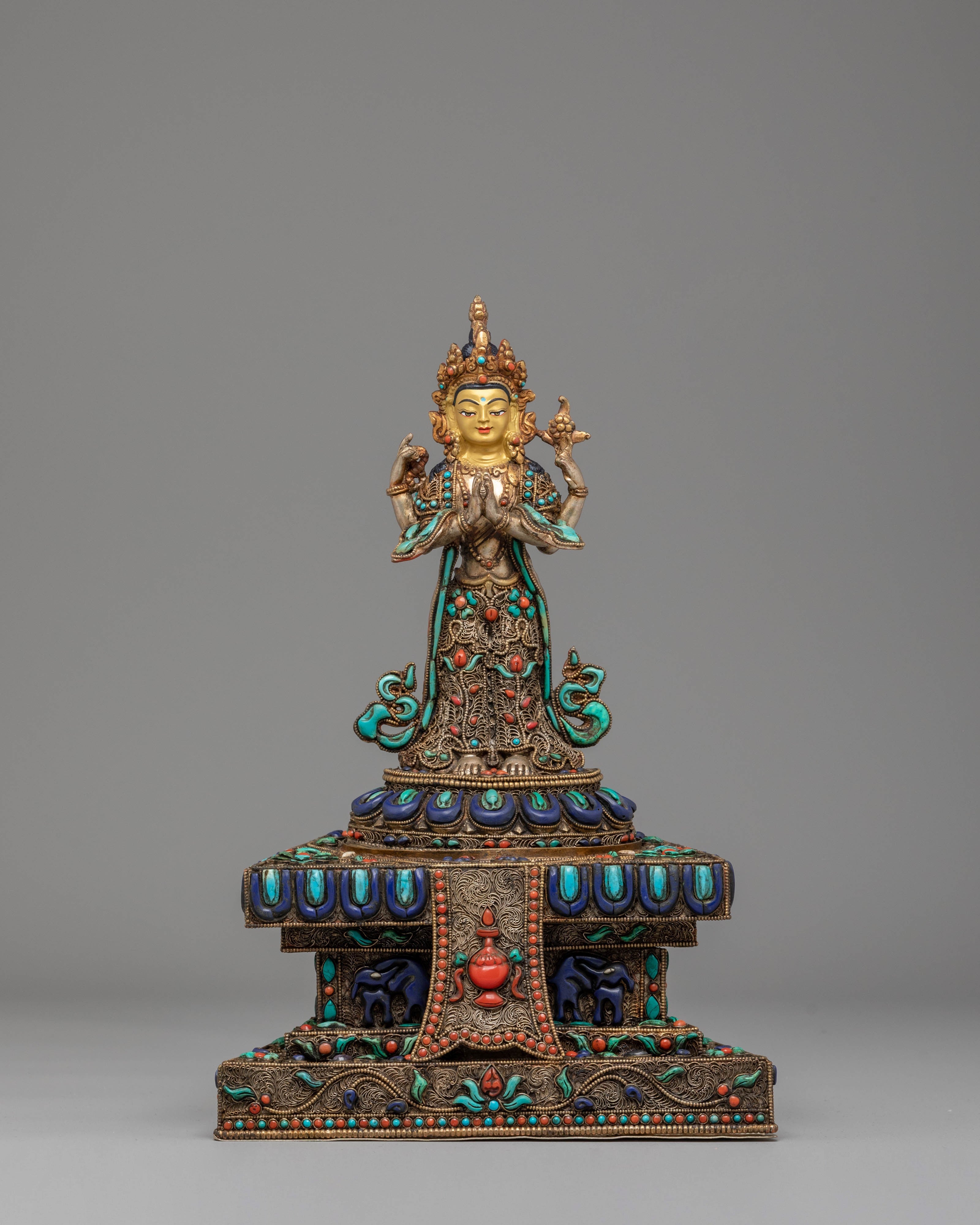 Divine Bodhisattva Standing Chenrezig Statue | Copper & Silver Plated Art