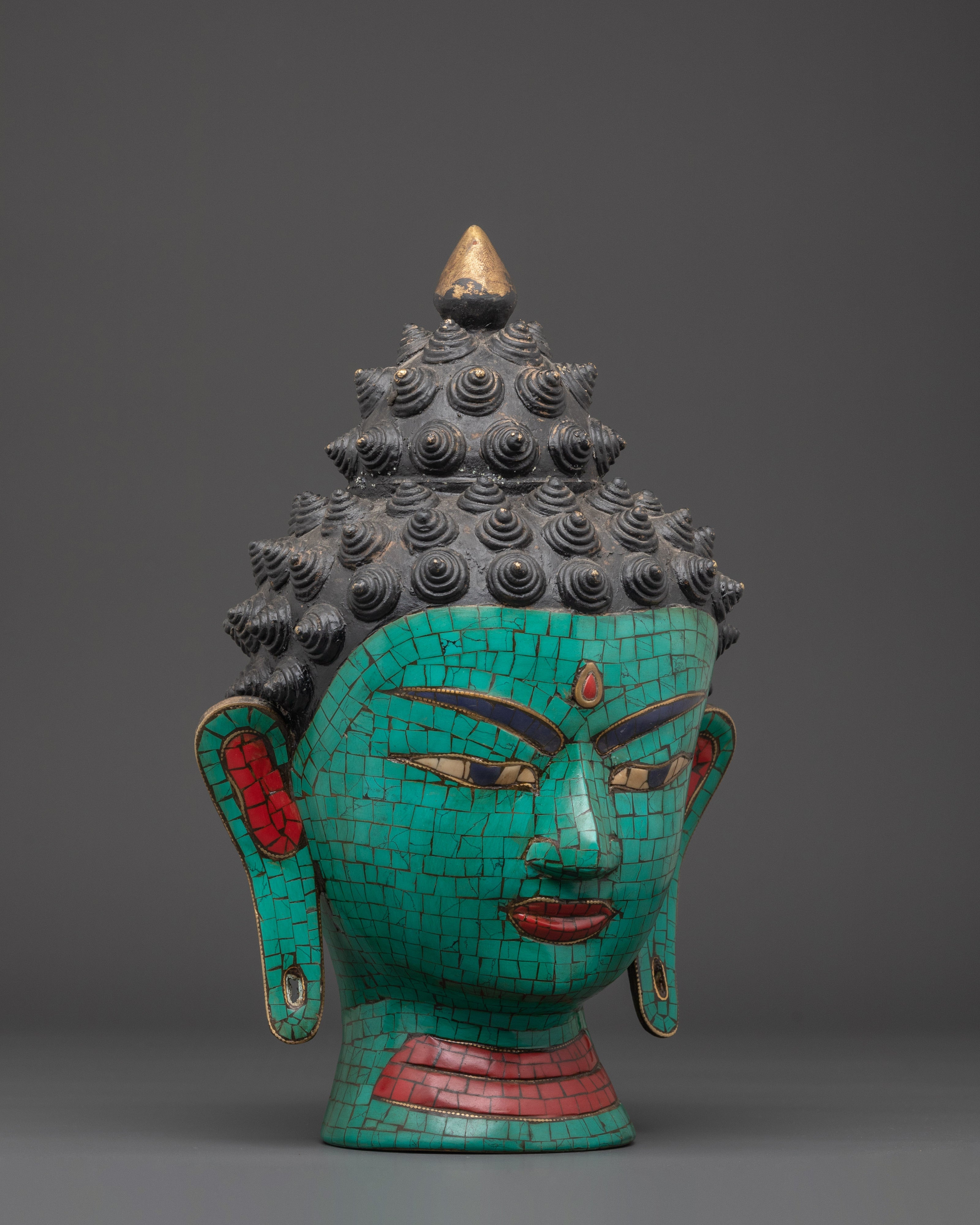 Turquoise Buddha Head Statue | Coral and Turquoise Inlaid