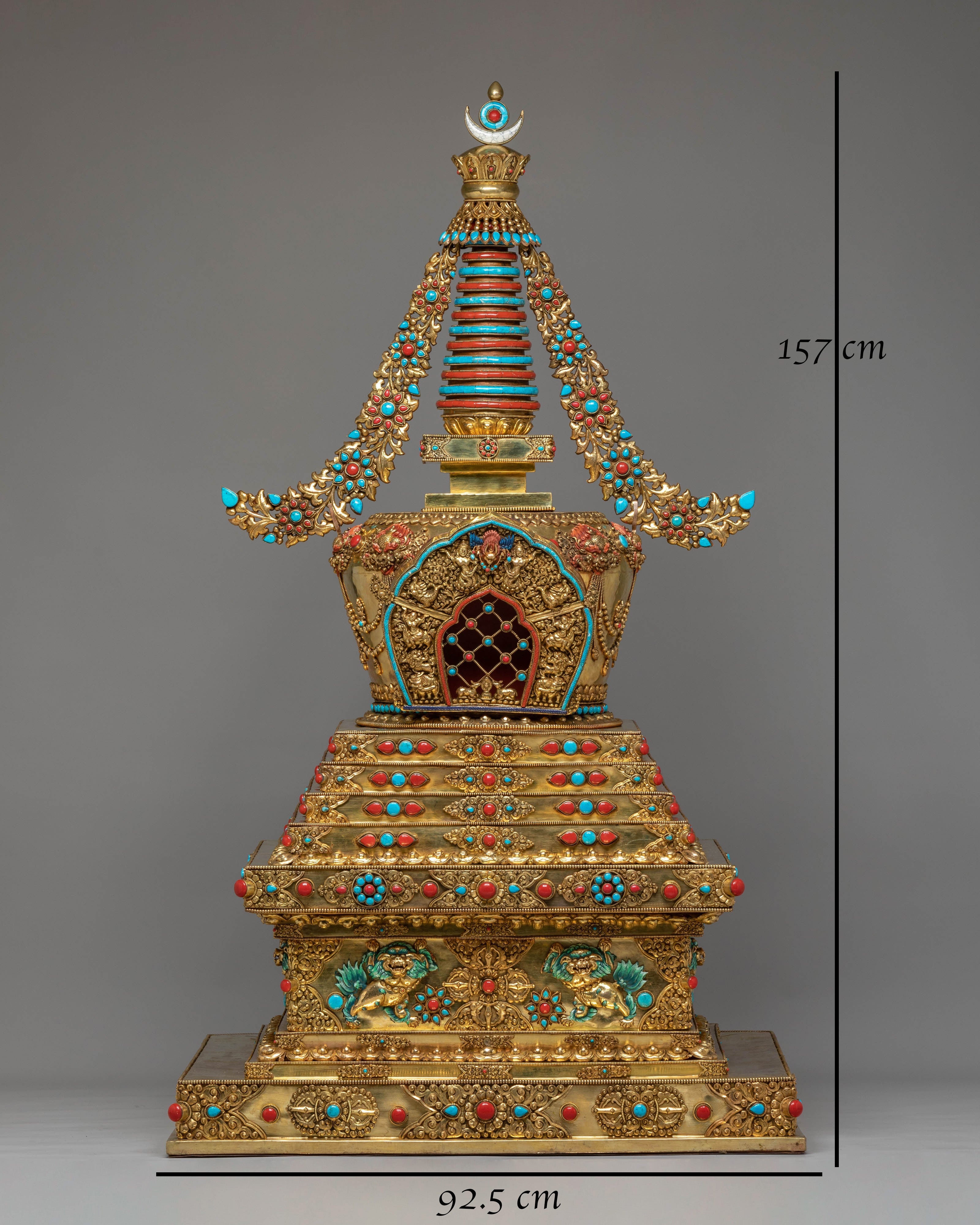 Buddhist Handcrafted Sacred Stupa | Gold-Plated Copper with Coral & Turquoise