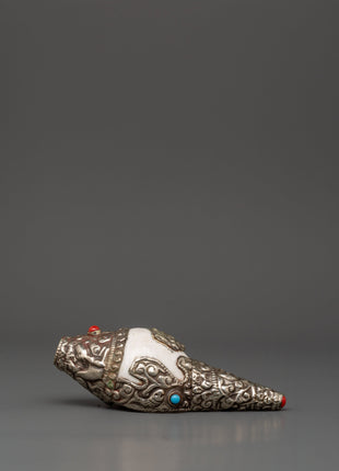 Silver Plated Conch Shell with Turquoise & Coral Inlays | Spiritual Home Decor