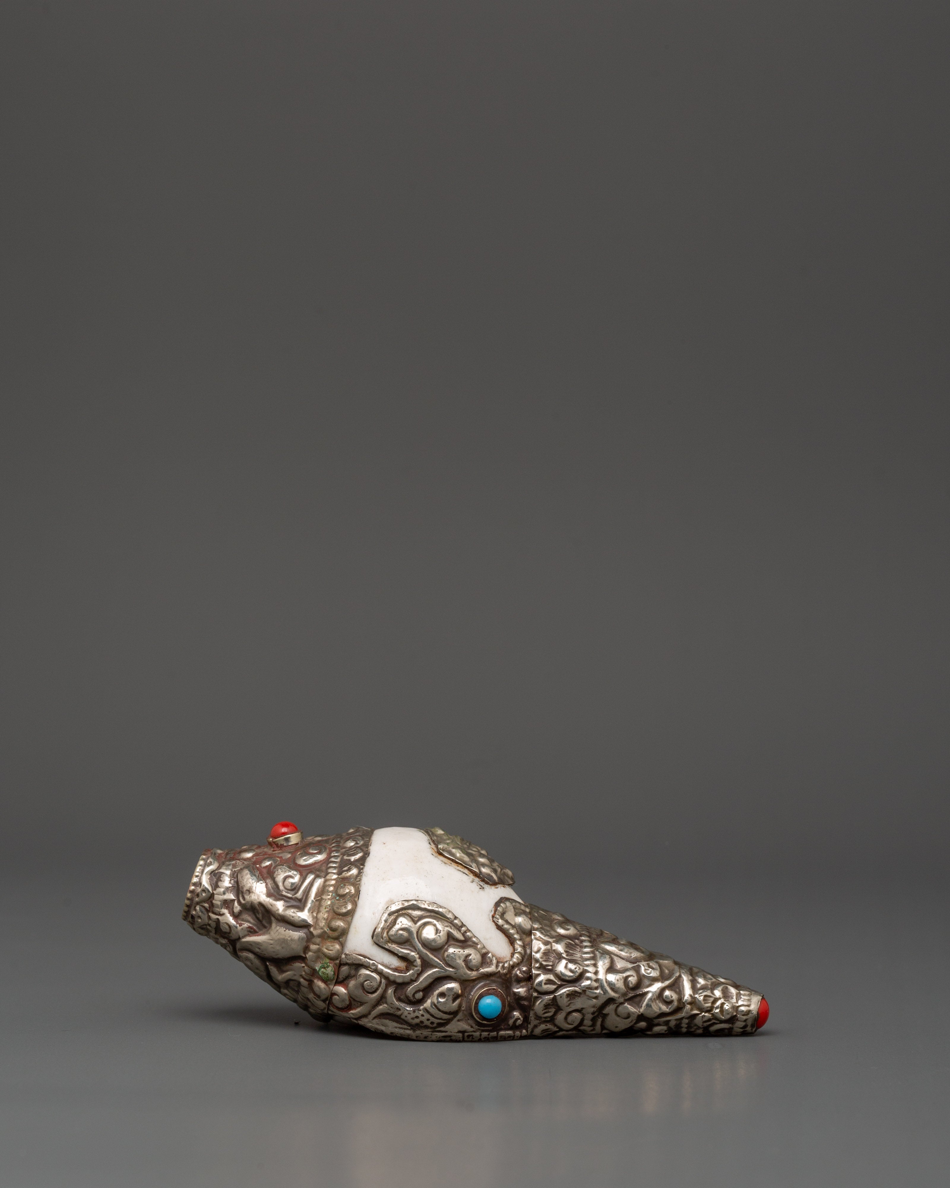 Silver Plated Conch Shell with Turquoise & Coral Inlays | Spiritual Home Decor