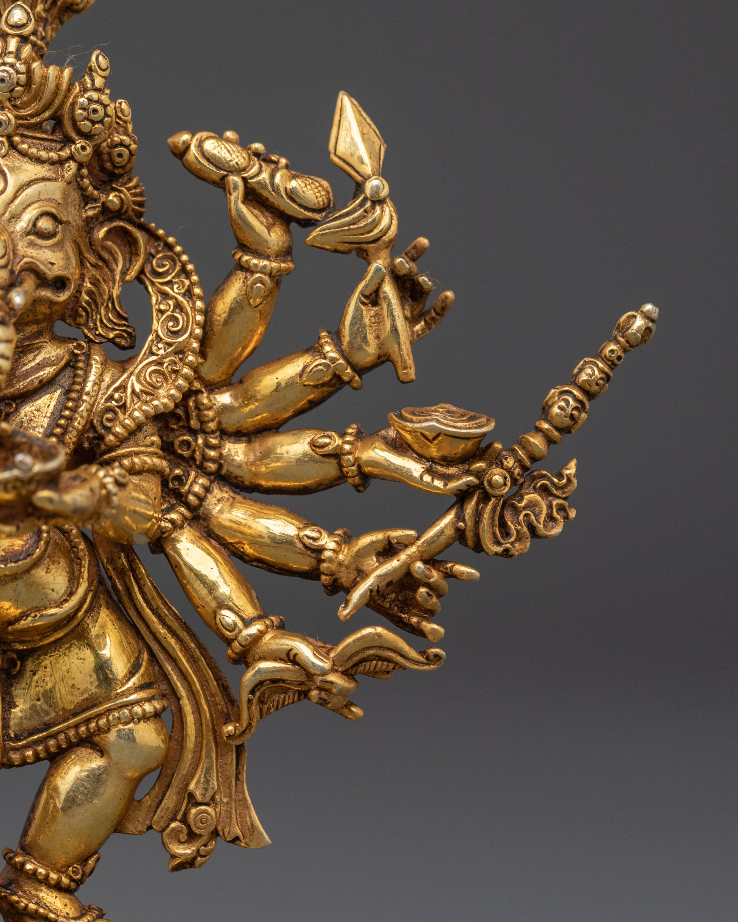 12-Armed Ganesh Gold-Plated Copper Statue | Hindu Deity of Power & Protection