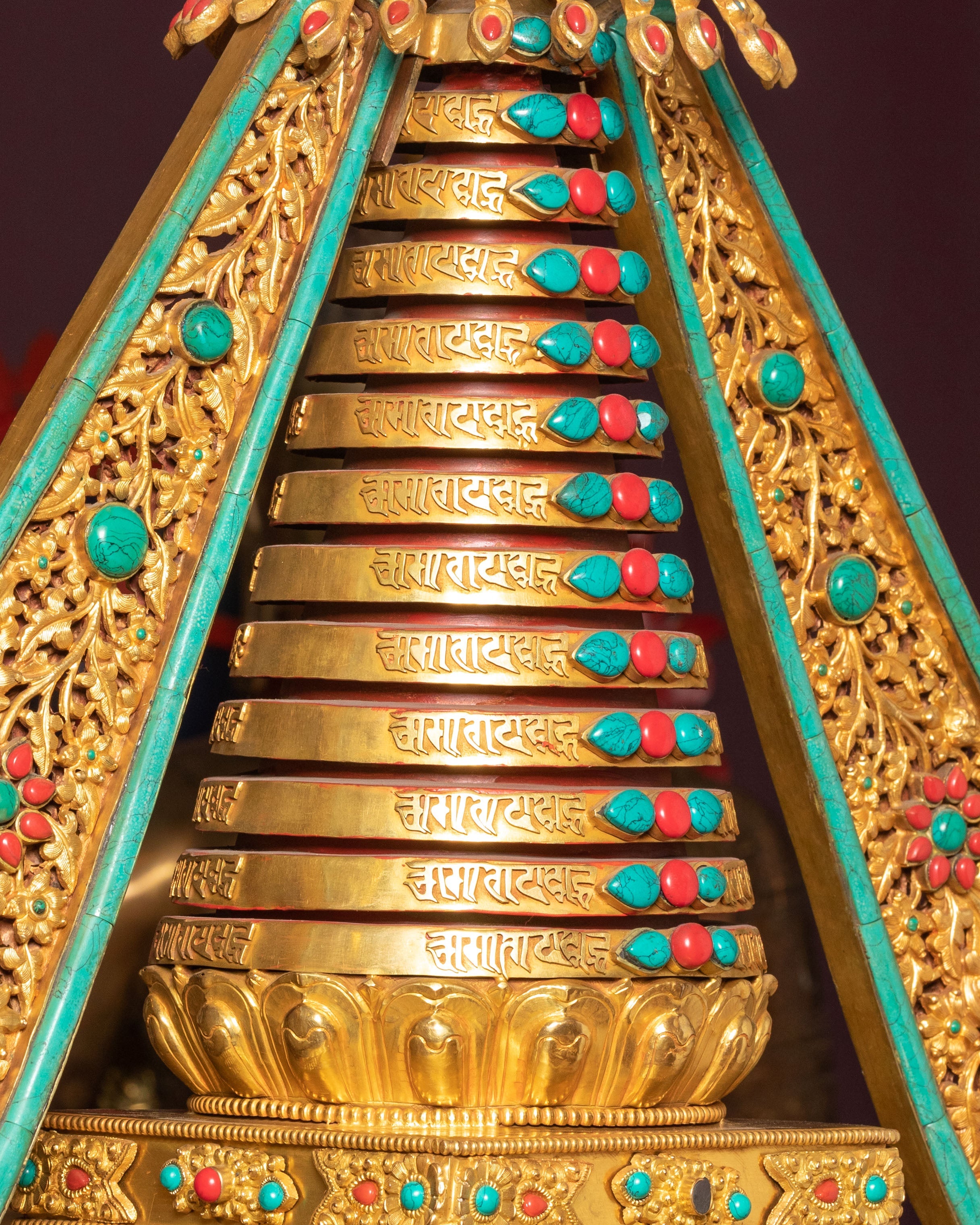 Sacred Buddhist Stupa for Altar | Gold-Plated Tibetan Stupa with Coral & Turquoise