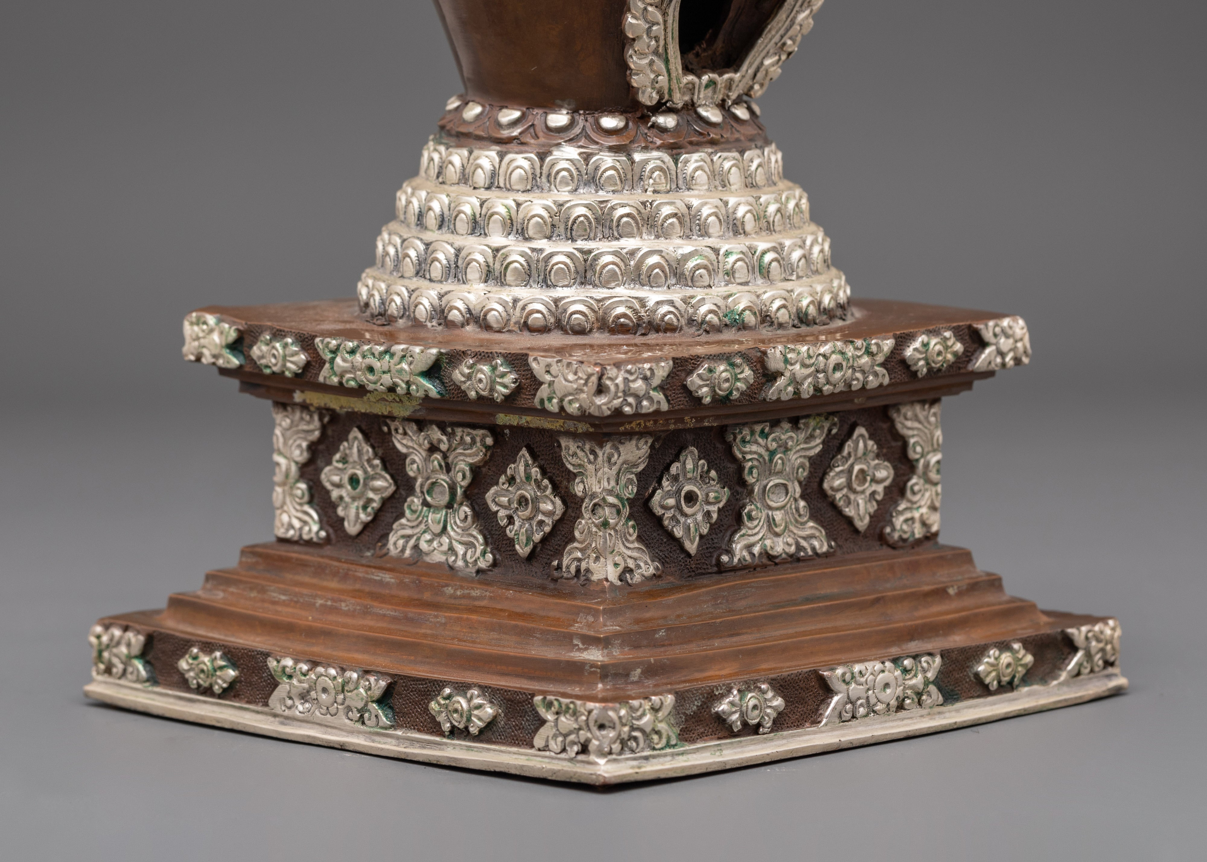 Buddhist Meditation Stupa | Silver Plated Oxidized Copper Altar Decor